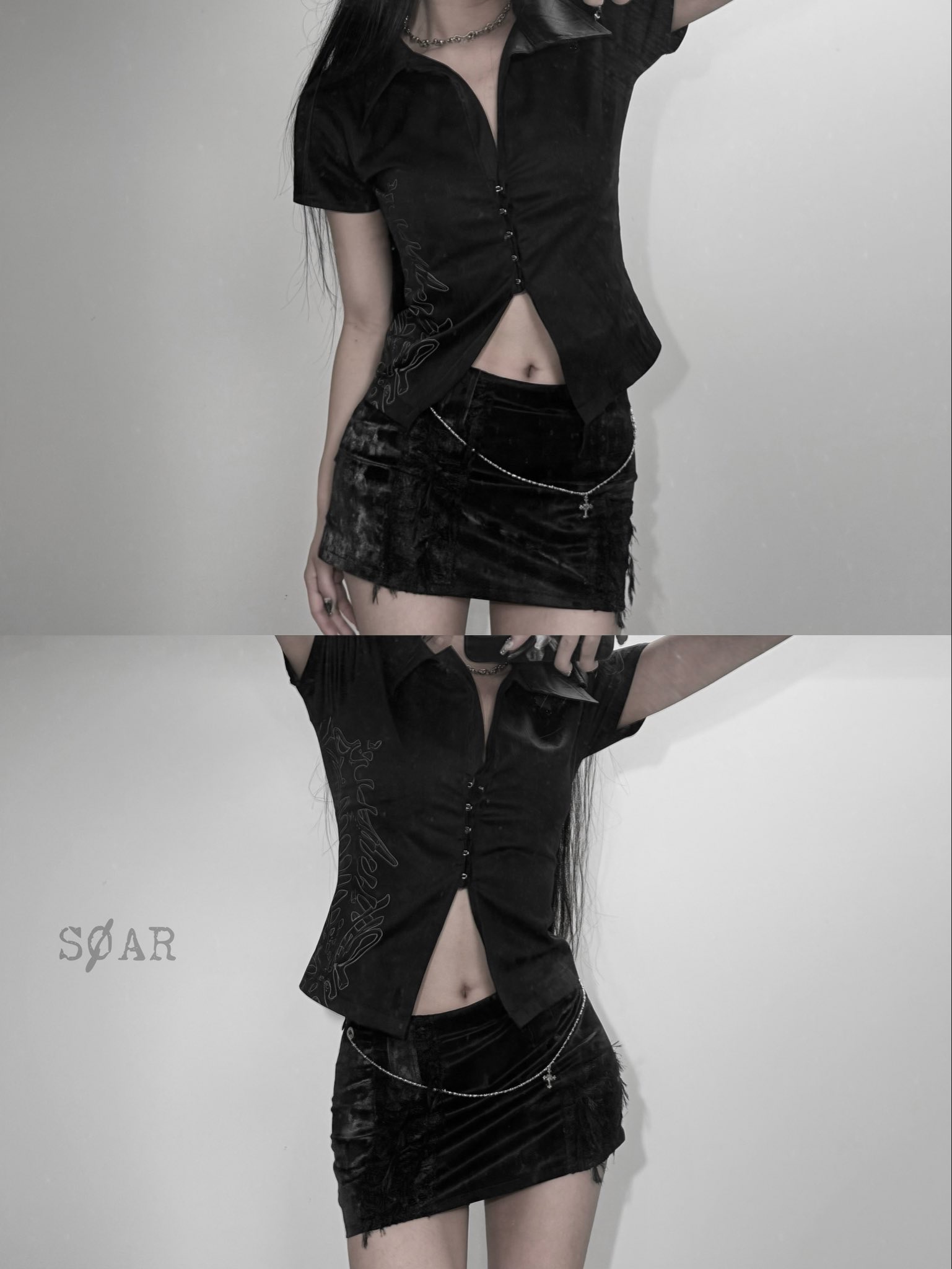 SØAR Lace Leather Chain Short Skirt Black, SØAR Born Hook-Slit Shirt Black 착용 스타일 - 1