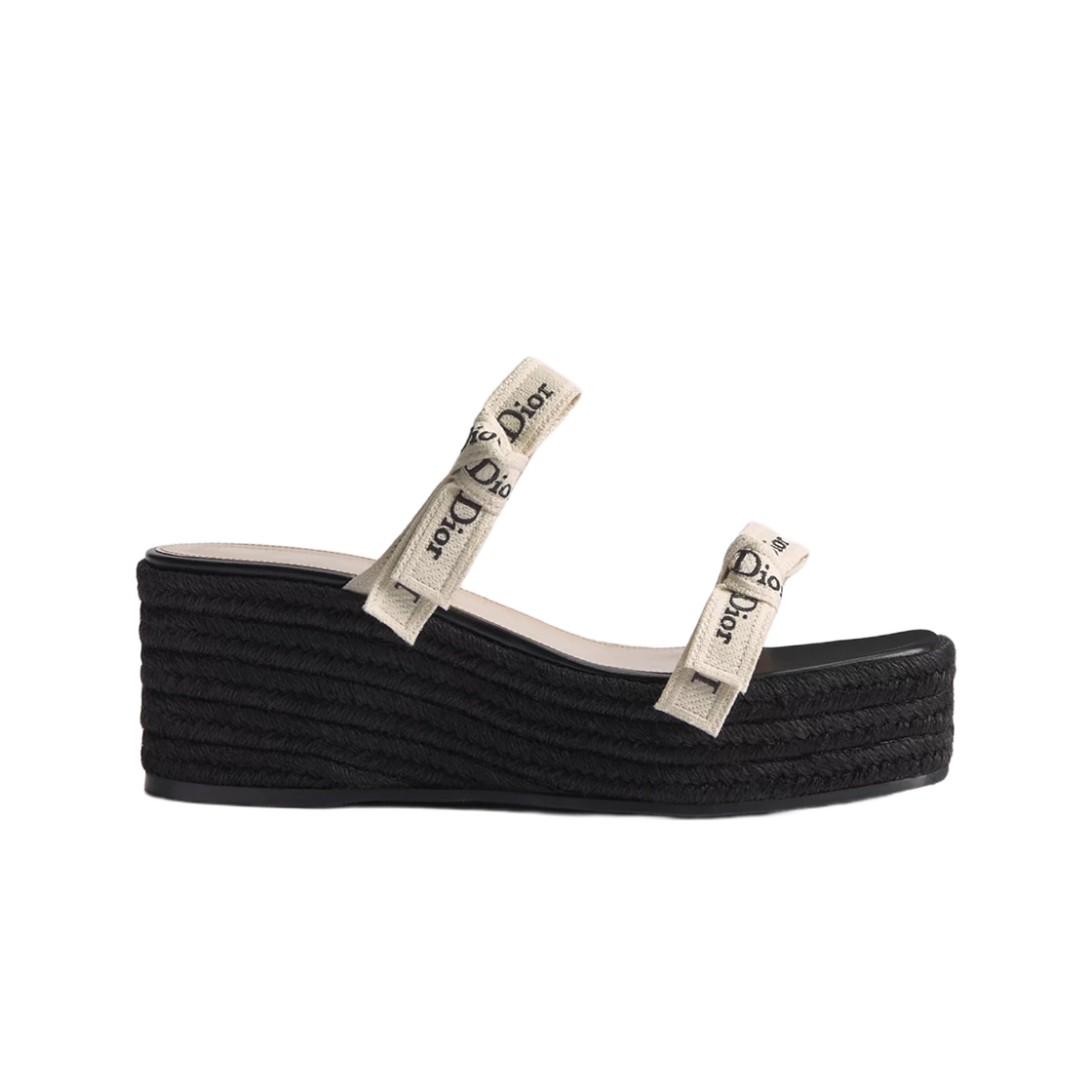 디올 자디올 스트랩 웨지 힐 슬라이드 자수 코튼 & 라피아 화이트 블랙(Dior J'Adior Strap Wedge Heel Slide Embroidered Cotton & Raffia White Black) - 1