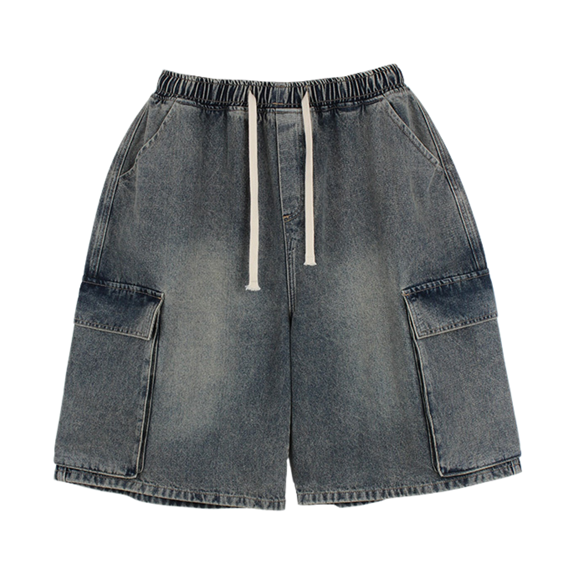 지크립 스트링 밴딩 빈티지 블루 워싱 포켓 카고 와이드 버뮤다 데님 반바지(GCLIP String Band Vintage Blue Washed Pocket Cargo Wide Bermuda Denim Shorts) - 1