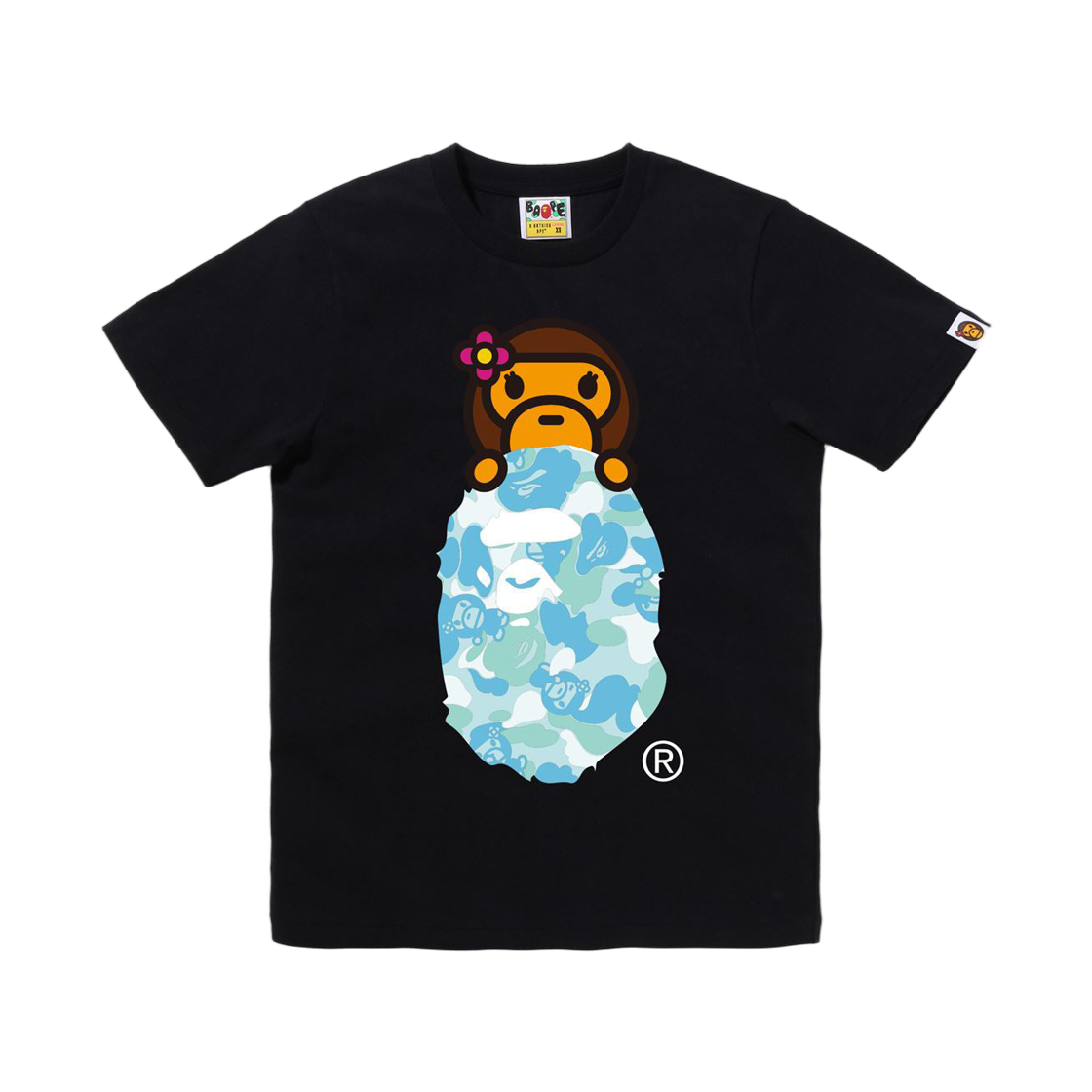 (W) 베이프 ABC 리사 카모 리사 온 에이프 헤드 티셔츠 블랙 삭스((W) BAPE ABC Lisa Camo Lisa On Ape Head T-Shirt Black Sax)