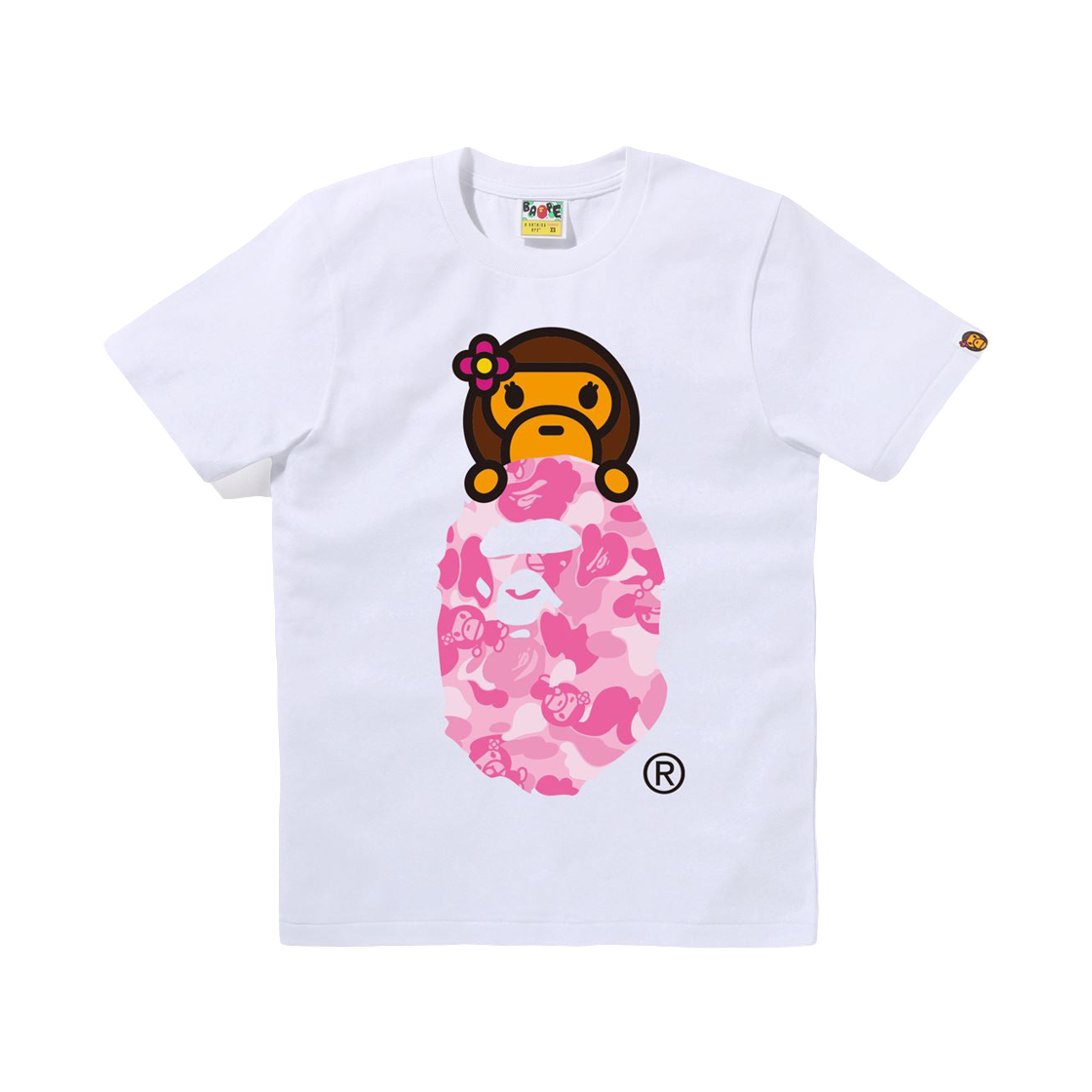 (W) 베이프 ABC 리사 카모 리사 온 에이프 헤드 티셔츠 화이트 핑크((W) BAPE ABC Lisa Camo Lisa On Ape Head T-Shirt White Pink)