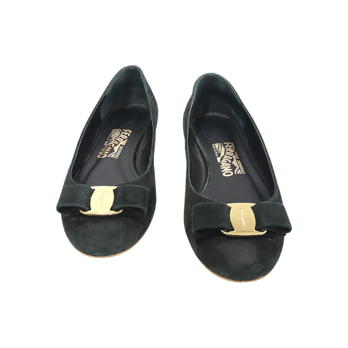 페라가모 다크 그린 스웨이드 금장 바라 바리나 플랫슈즈 6.5C(Ferragamo Dark Green Suede Gold Bar Vara Flats) - 1