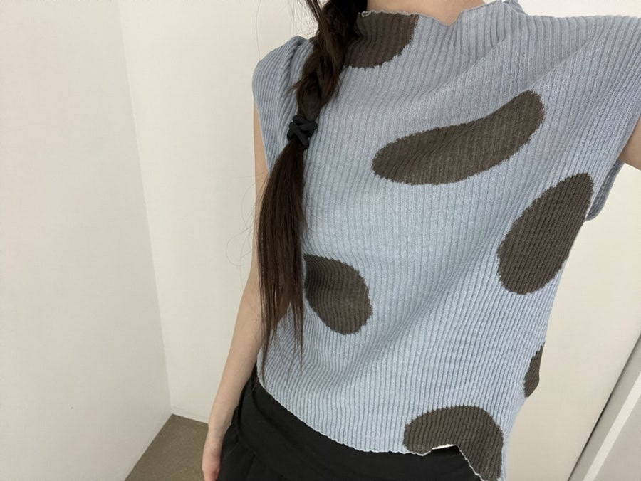 (W) Open Yy Ribbed Dot Top Grayish Blue 착용 스타일 - 1