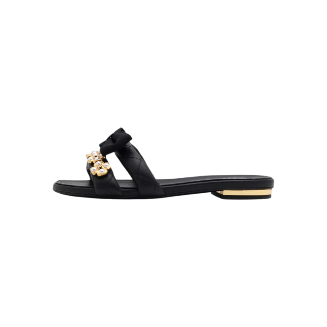 ITLBEGEJ9NMI Chanel Black Leather Bow & Pearl Clover Mules