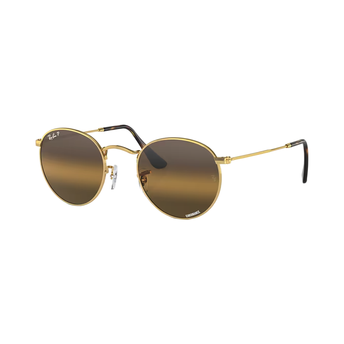 RB3447-001/G5 Ray-Ban Round Metal Polarized+ Lenses Polished Arista Gold Frame Silver & Brown Polarized+ Lense Adjustable Nosepads