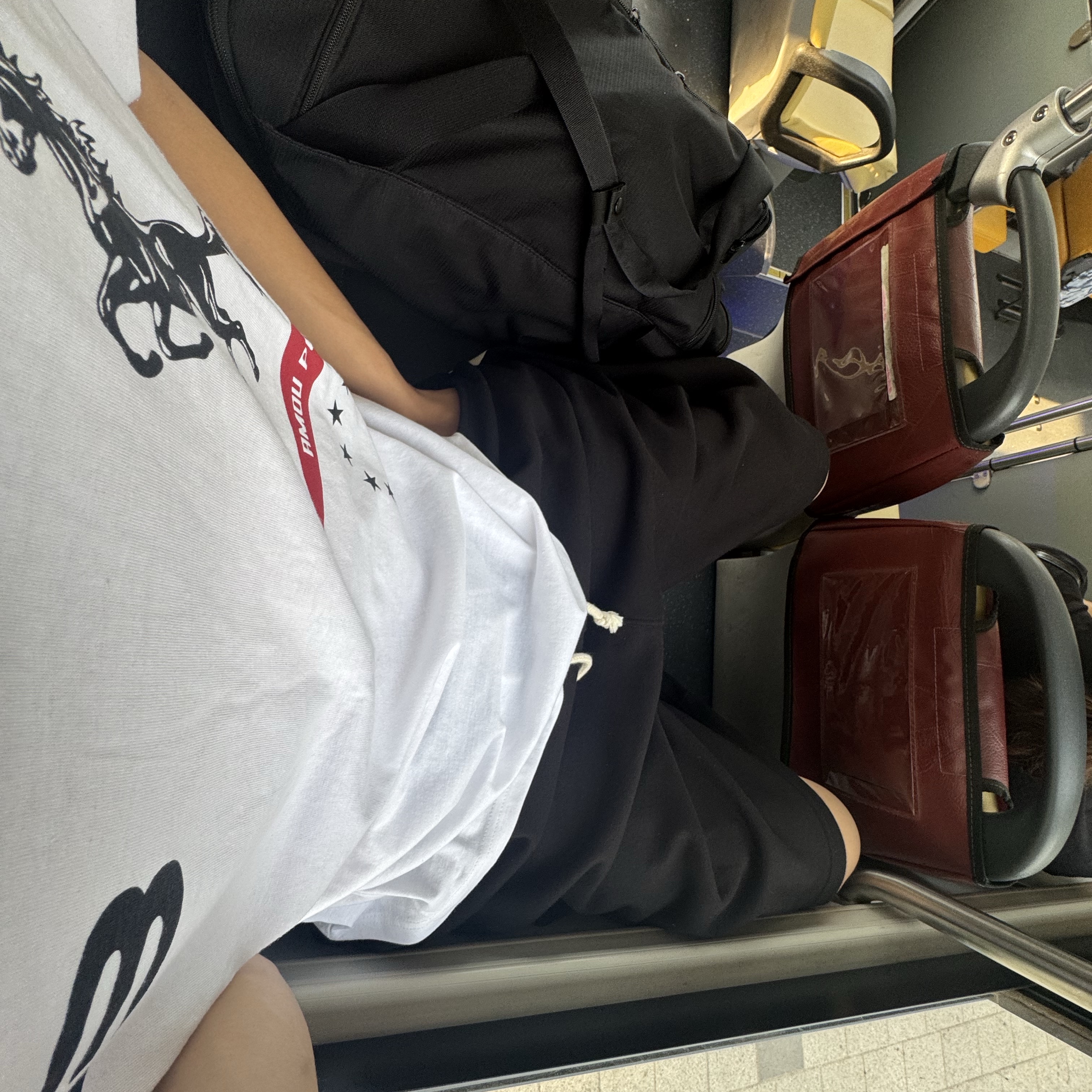 AMOU Molly One Tuck Bermuda Pants Black, AMOU Sporty Horse Half T-Shirts White 착용 스타일