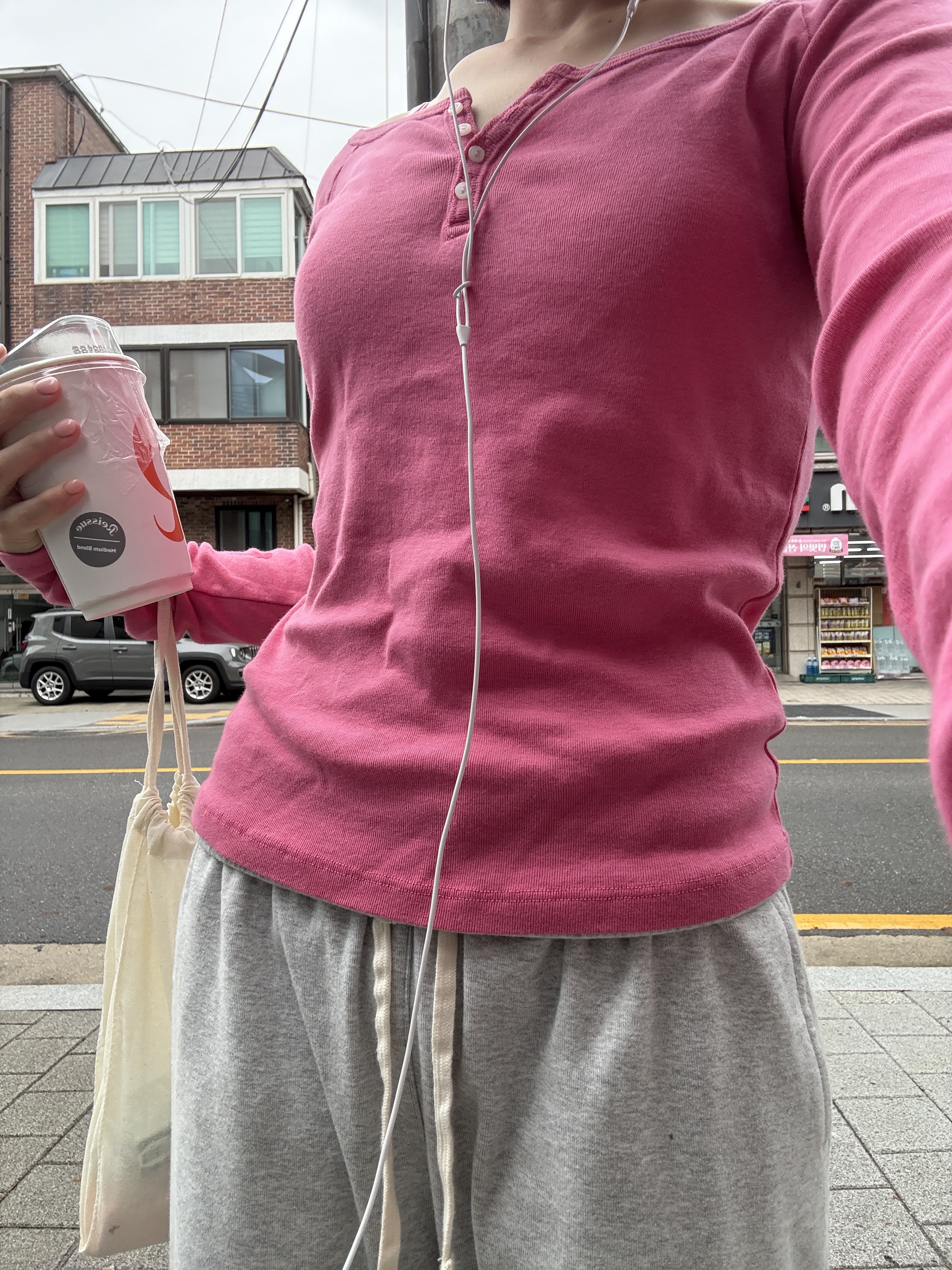 (W) Glowny G Comfort String Pants Melange Gray 착용 스타일 - 1
