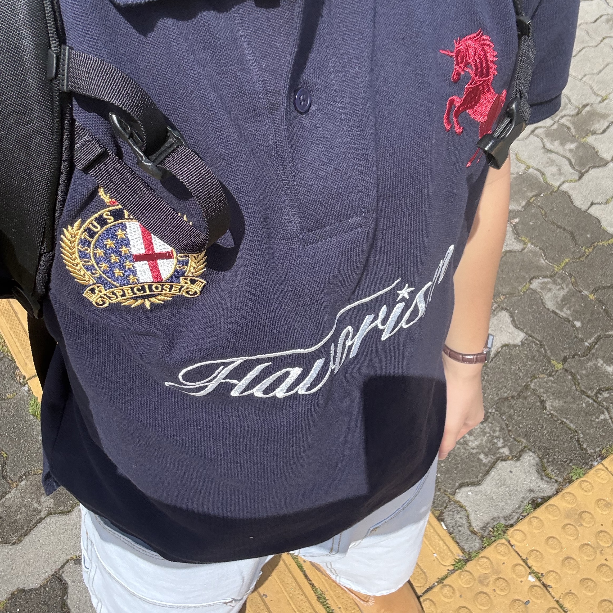 Flavorism Red Horse Pique Shirt Navy, Suade Contour Double Knee Shorts Light Blue 착용 스타일