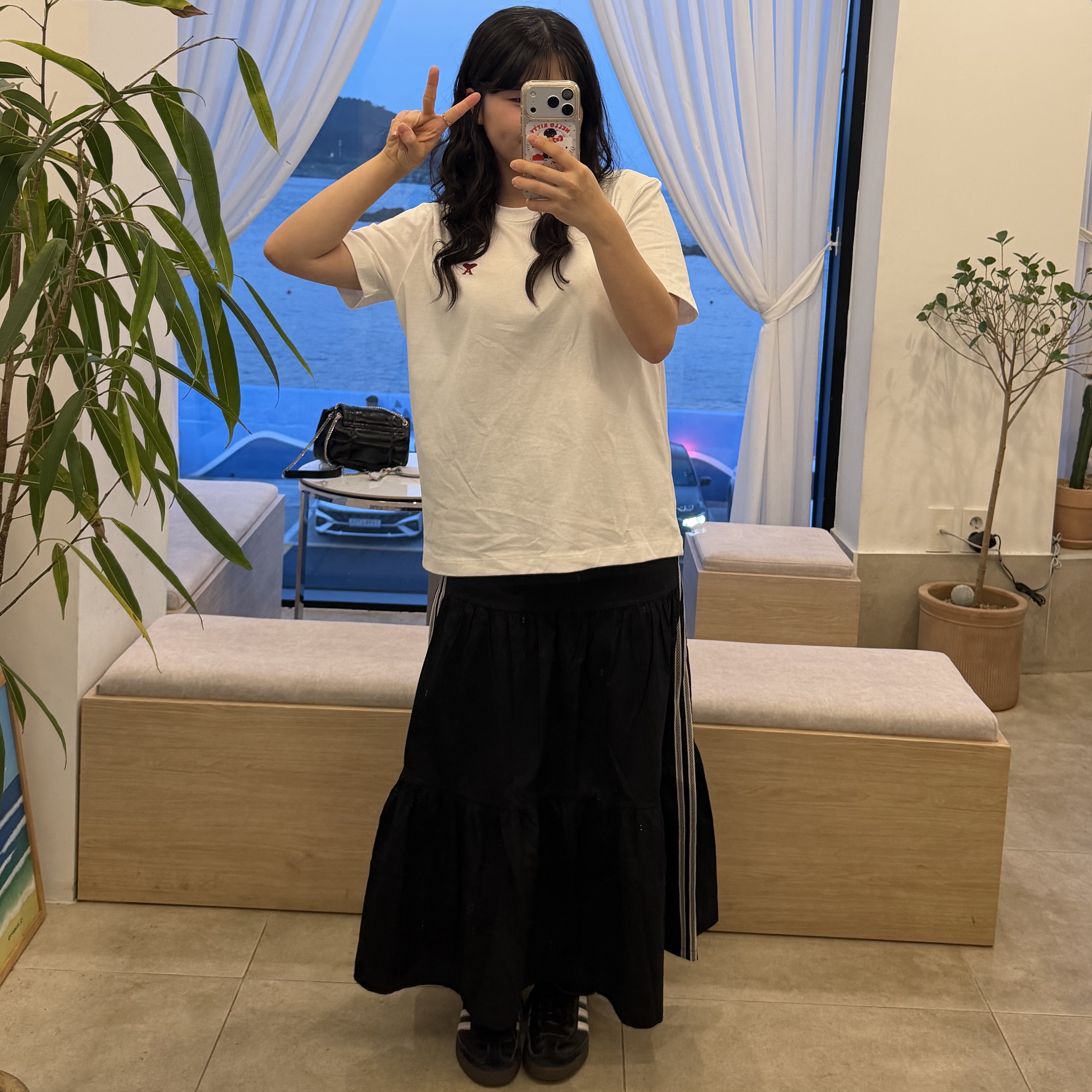 (W) Adidas Originals Summer Glow Skirt Black - KR Sizing, AMI de Coeur T-Shirt White 착용 스타일 - 1