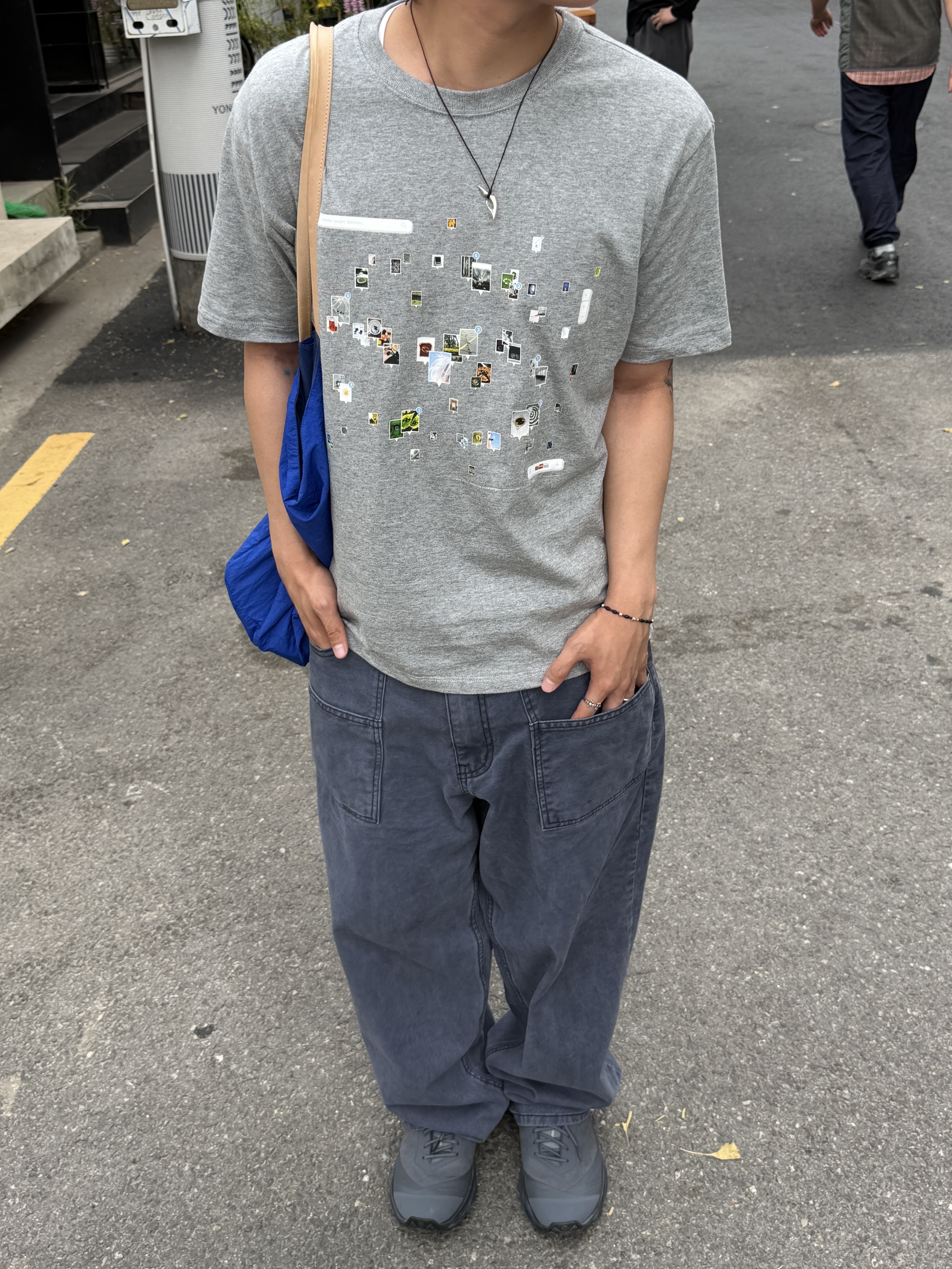 Sansan Gear Throwback T-Shirt Melange Grey, Descente x Hatchingroom Z02 Trail Running Shoes Gray 착용 스타일