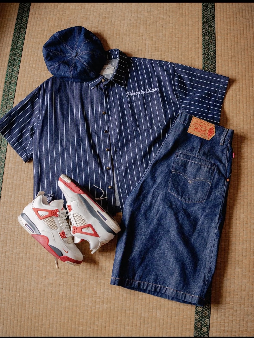 Levi's x Jordan Baggy Shorts Indigo, Jordan 4 x Nigel Sylvester Retro OG Brick After Brick 착용 스타일 - 4