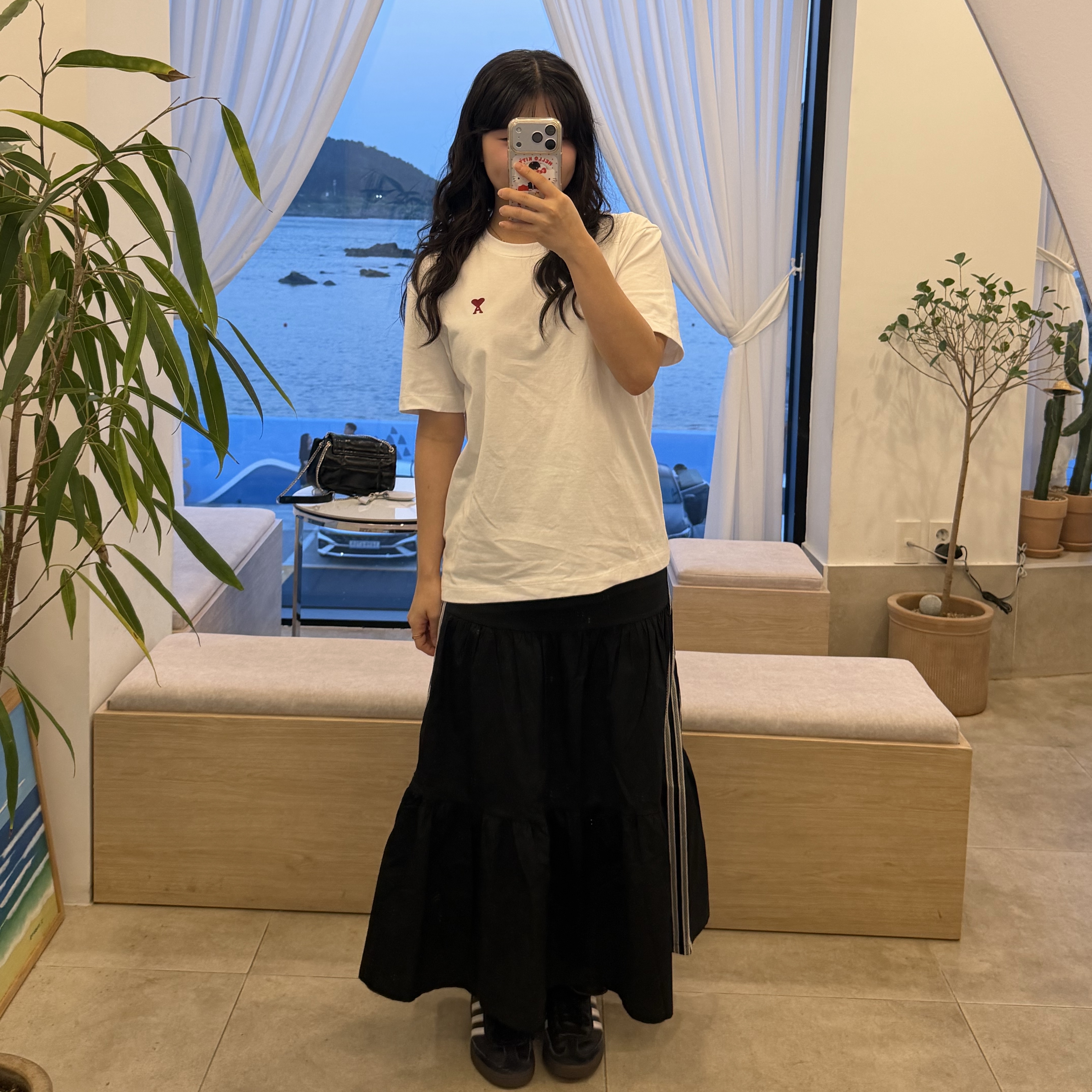 (W) Adidas Originals Summer Glow Skirt Black - KR Sizing, AMI de Coeur T-Shirt White 착용 스타일 - 4