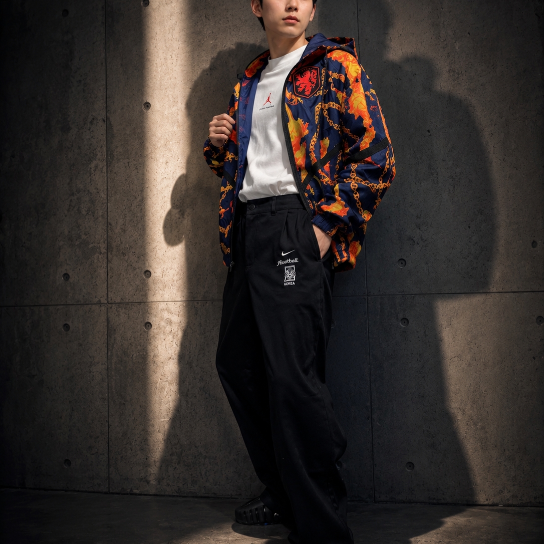Nike x Peaceminusone Korea Chino Pants Black (IM3222-010), Nike x Patta Netherlands Anthem Jacket Deep Royal Blue White (IH1617-455) 착용 스타일 - 3