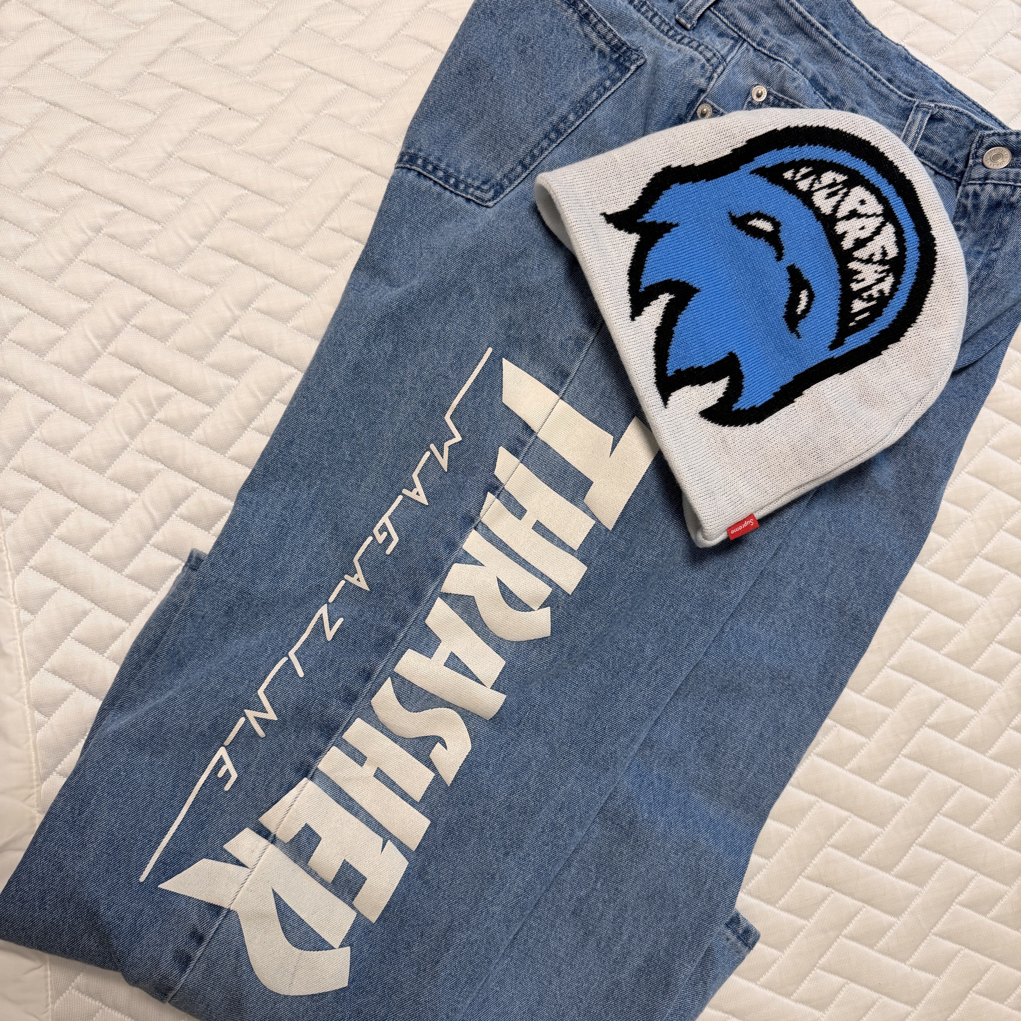 Supreme x Spitfire Beanie White - 26SS, THRASHER Magazine Wide Denim Pants Indigo 착용 스타일