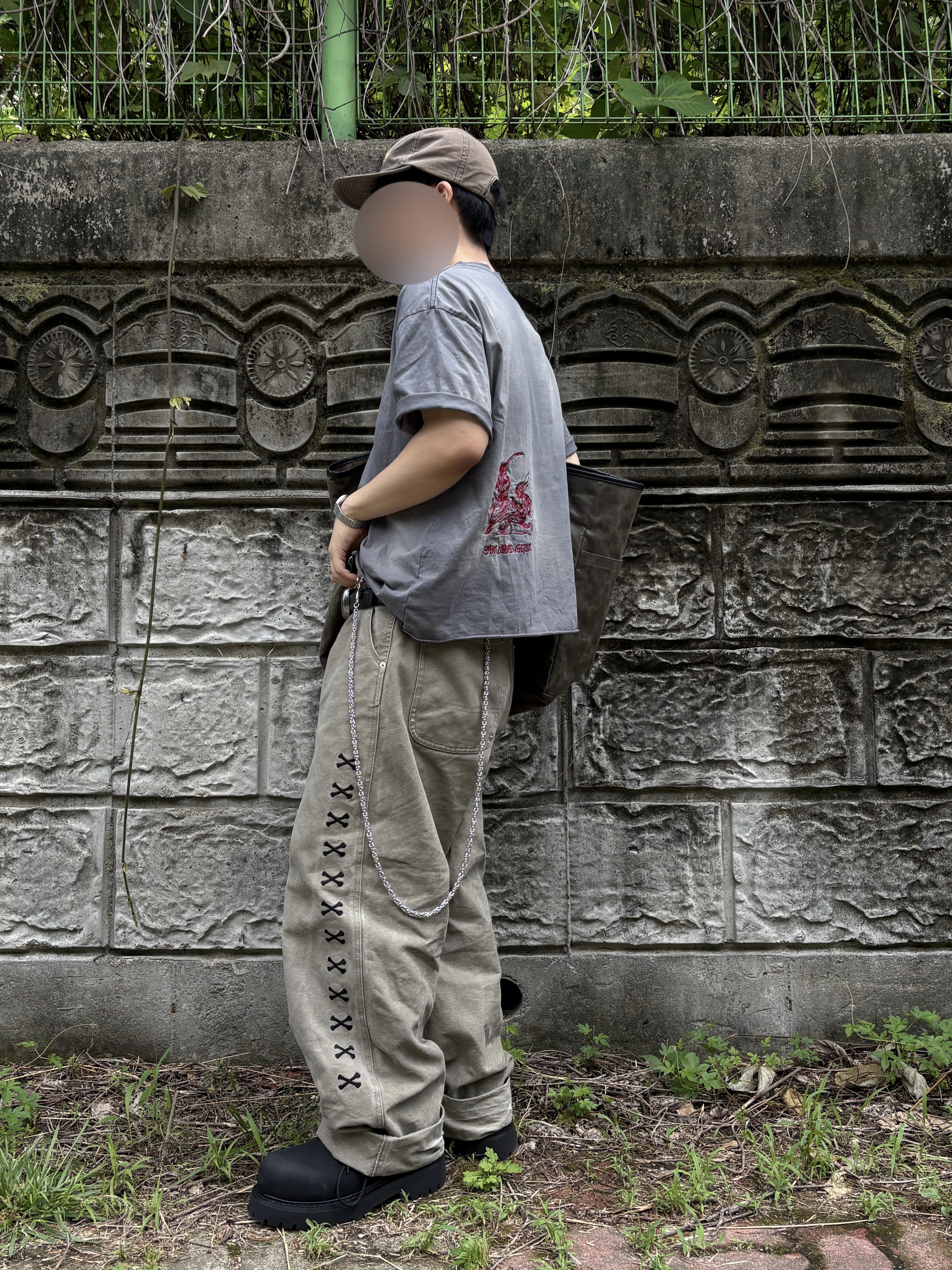 LOSTGARDEN Route Black, Aoiro Samurai Low-Key Cropped S/S T-Shirt Washed Grey 착용 스타일 - 1