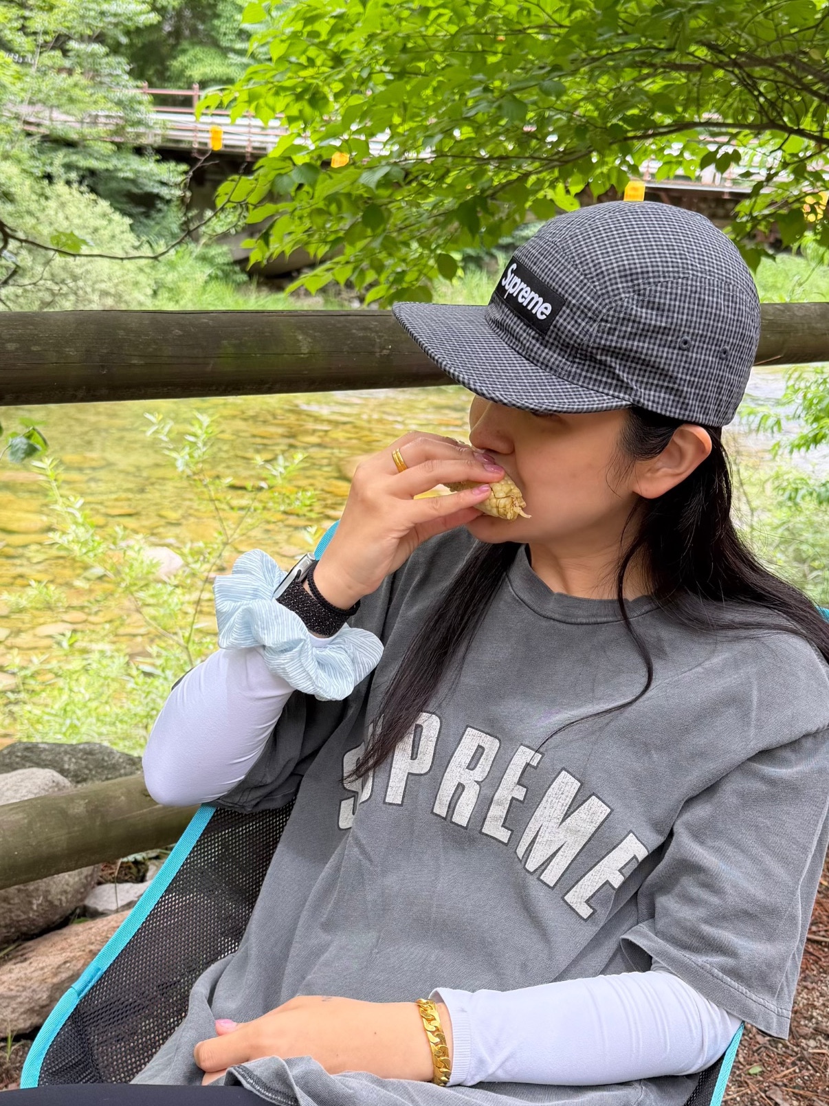 Supreme Cordura Plaid Camp Cap Black - 25SS, Supreme Cracked Arc S/S Top Black - 24SS 착용 스타일