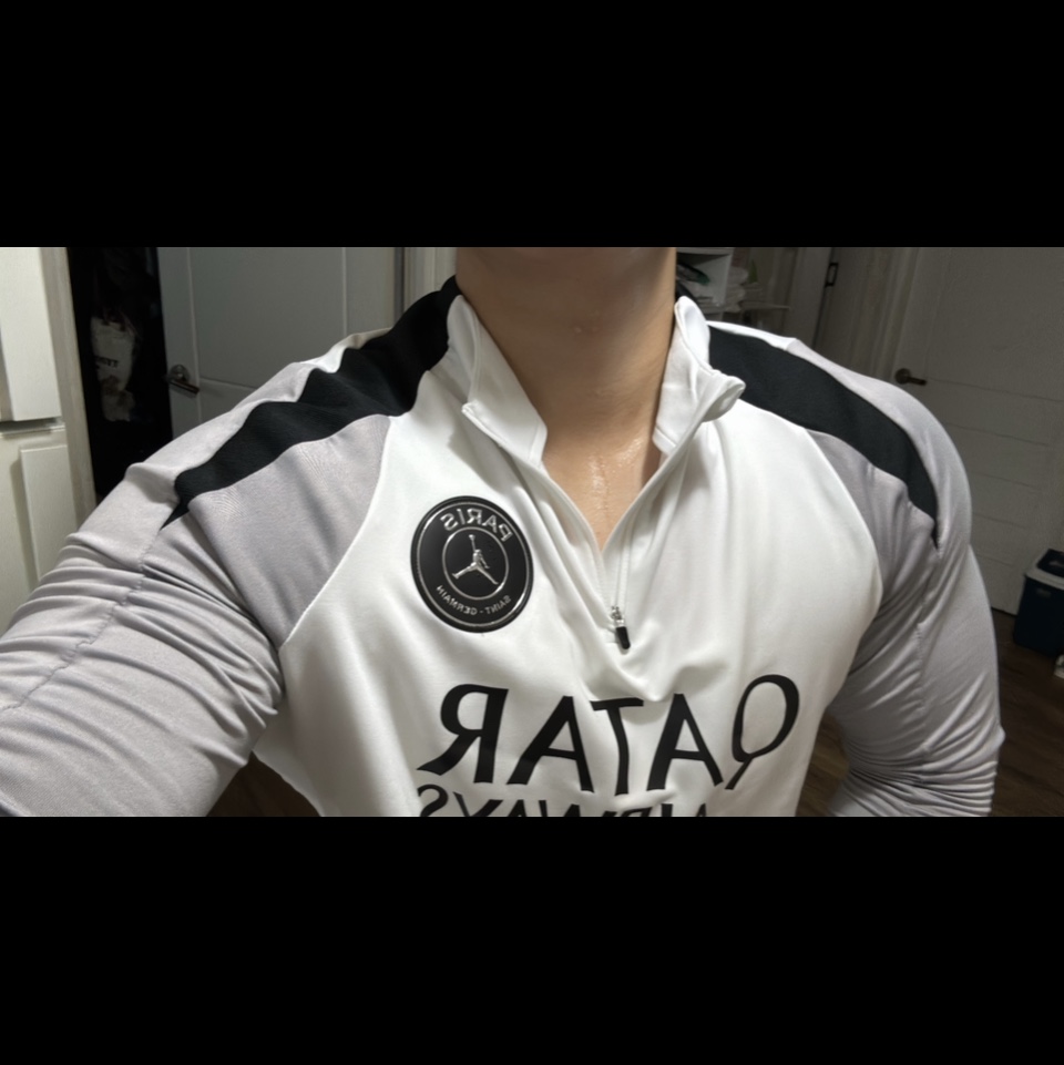 Jordan x Paris Saint-Germain Strike Night Edition Dri-Fit Football Knit Drill Top White Atmosphere Grey (IO4834-100) (Non Marking Ver.) 착용 스타일