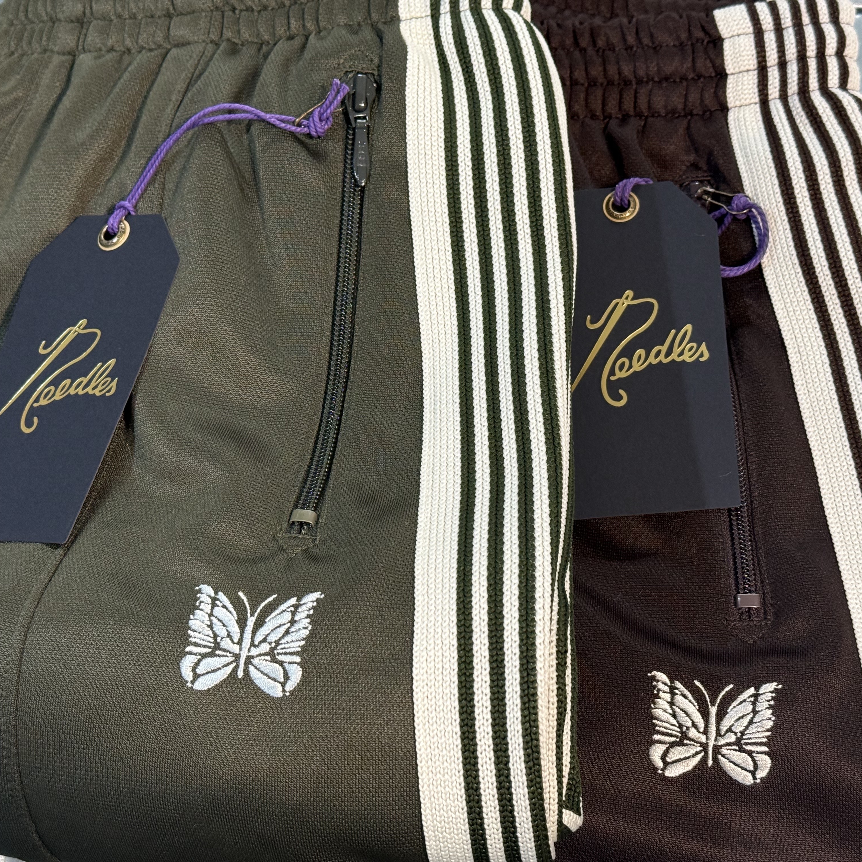 Needles x Studious Custom H.D. Poly Smooth Track Pants Olive, Needles x Studious Custom H.D. Poly Smooth Track Pants Brown 착용 스타일