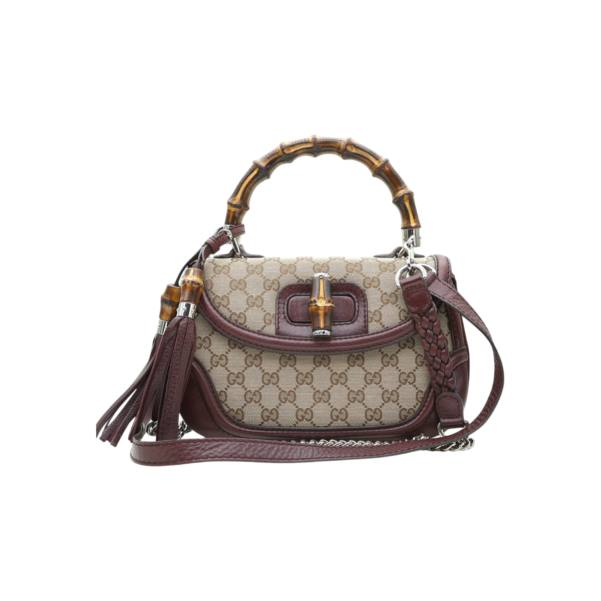 ITSH9BKQPOFU Gucci 240242 GG Logo Jacquard Brown Leather Bamboo Top Handle Tote Bag