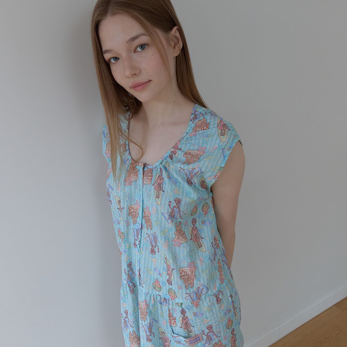 뮤즈무드 블루 알로하 썸머 파자마 원피스 레이온 코튼 잠옷(Musemood Blue Aloha Summer Pajama) - 3