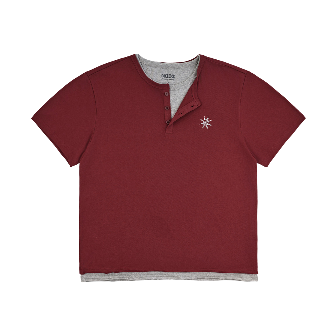 노디 코튼 30수 레이어드 헨리넥 반팔 크롭 티셔츠 버건디(NODI Cotton 30S Layered Henley Neck Crop Tee Burgundy)