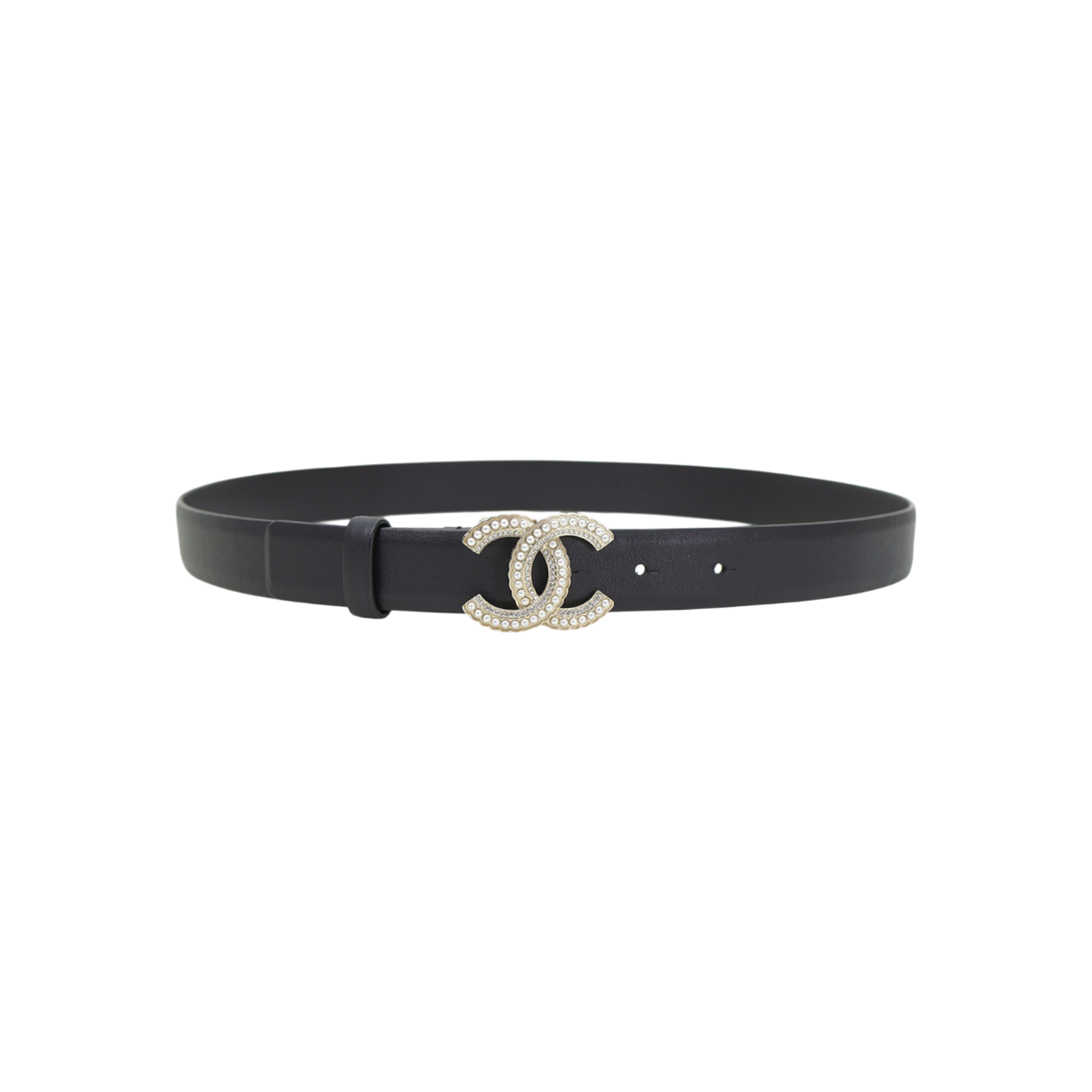 ITWR9G6TGTAK Chanel Black Leather Pearl Rhinestone CC Logo Women Belt