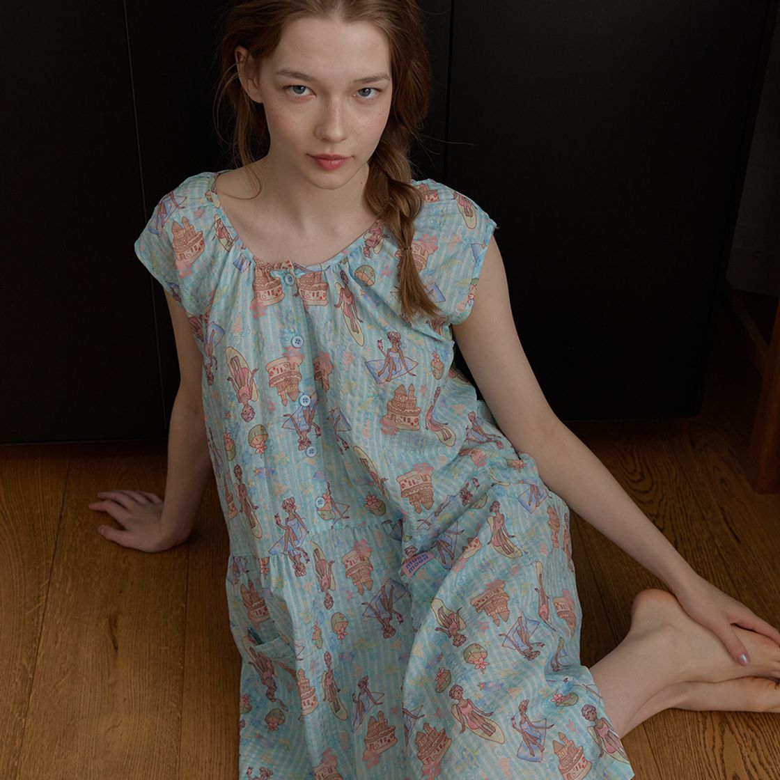 뮤즈무드 블루 알로하 썸머 파자마 원피스 레이온 코튼 잠옷(Musemood Blue Aloha Summer Pajama) - 2