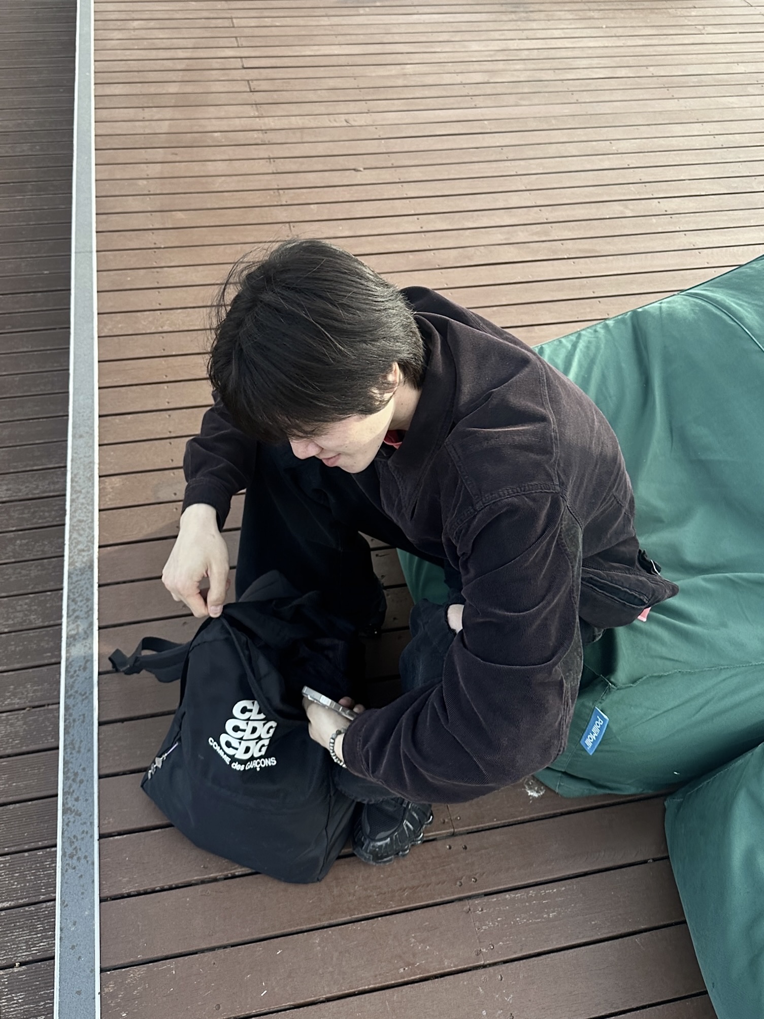 Polyteru Human Index Human Check Hoodie Parka Brown, Polyteru 1011 Cross Patched Denim Pants Black (Cut Off Knee) 착용 스타일 - 3