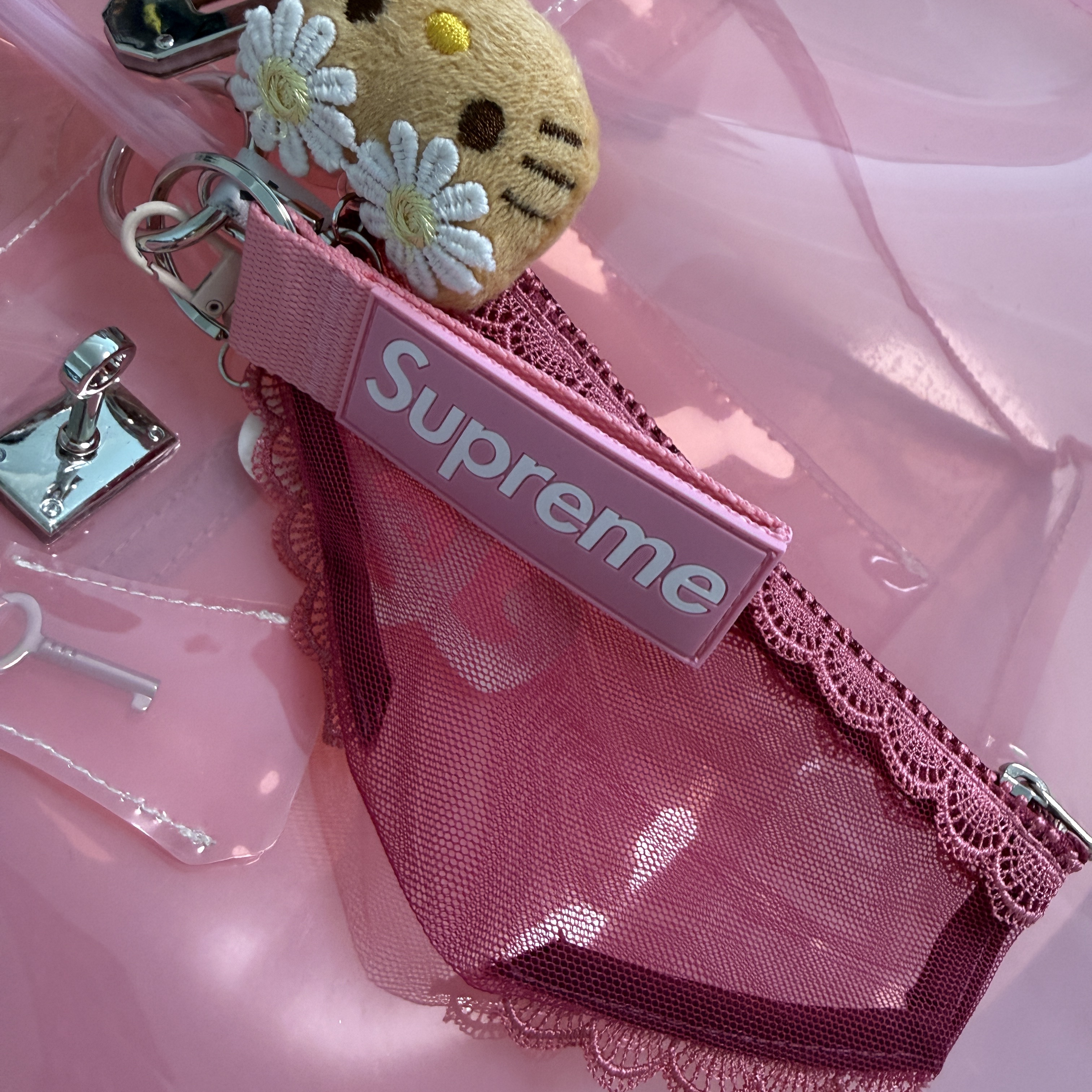 Supreme Webbing Keychain Pink - 26SS 착용 스타일