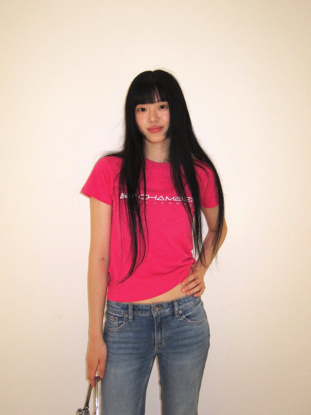 SPORT CHAMBER Women Long Flash Slub T-Shirt Pink 착용 스타일 - 1