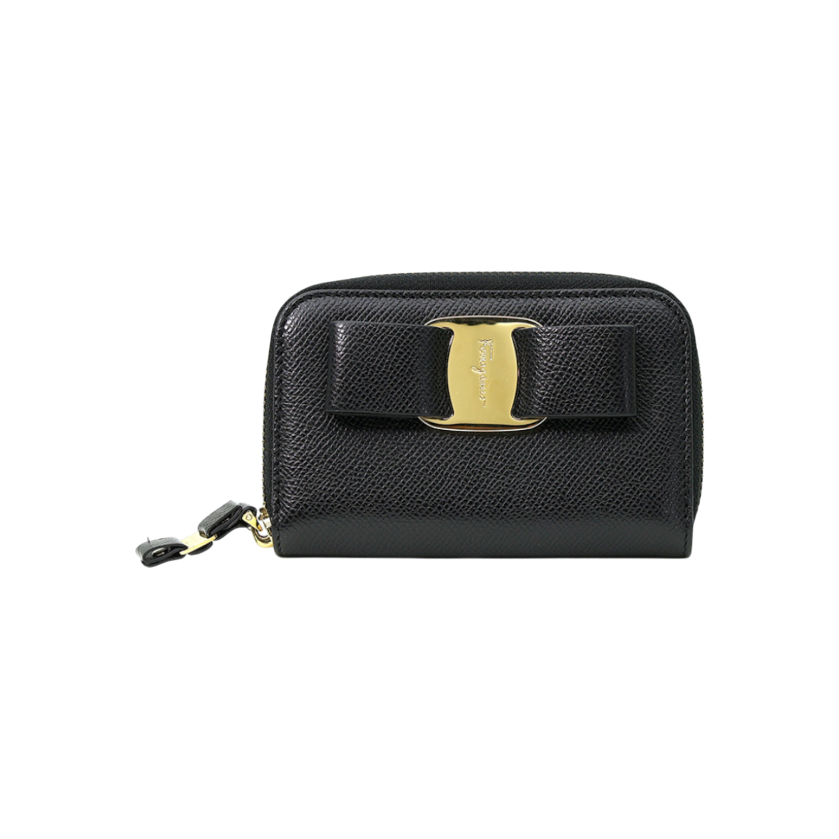 IT9LNE6BWNGB Ferragamo 22 D288 Black Hammered Calfskin Gold-tone Bar Zip Card Holder
