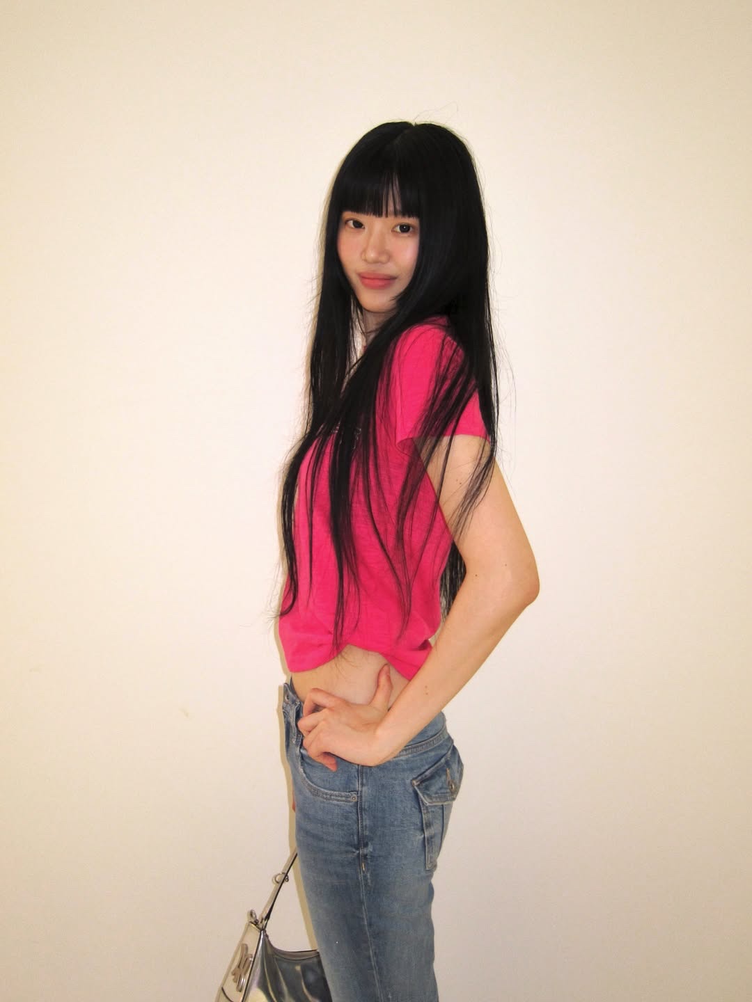 SPORT CHAMBER Women Long Flash Slub T-Shirt Pink 착용 스타일 - 3