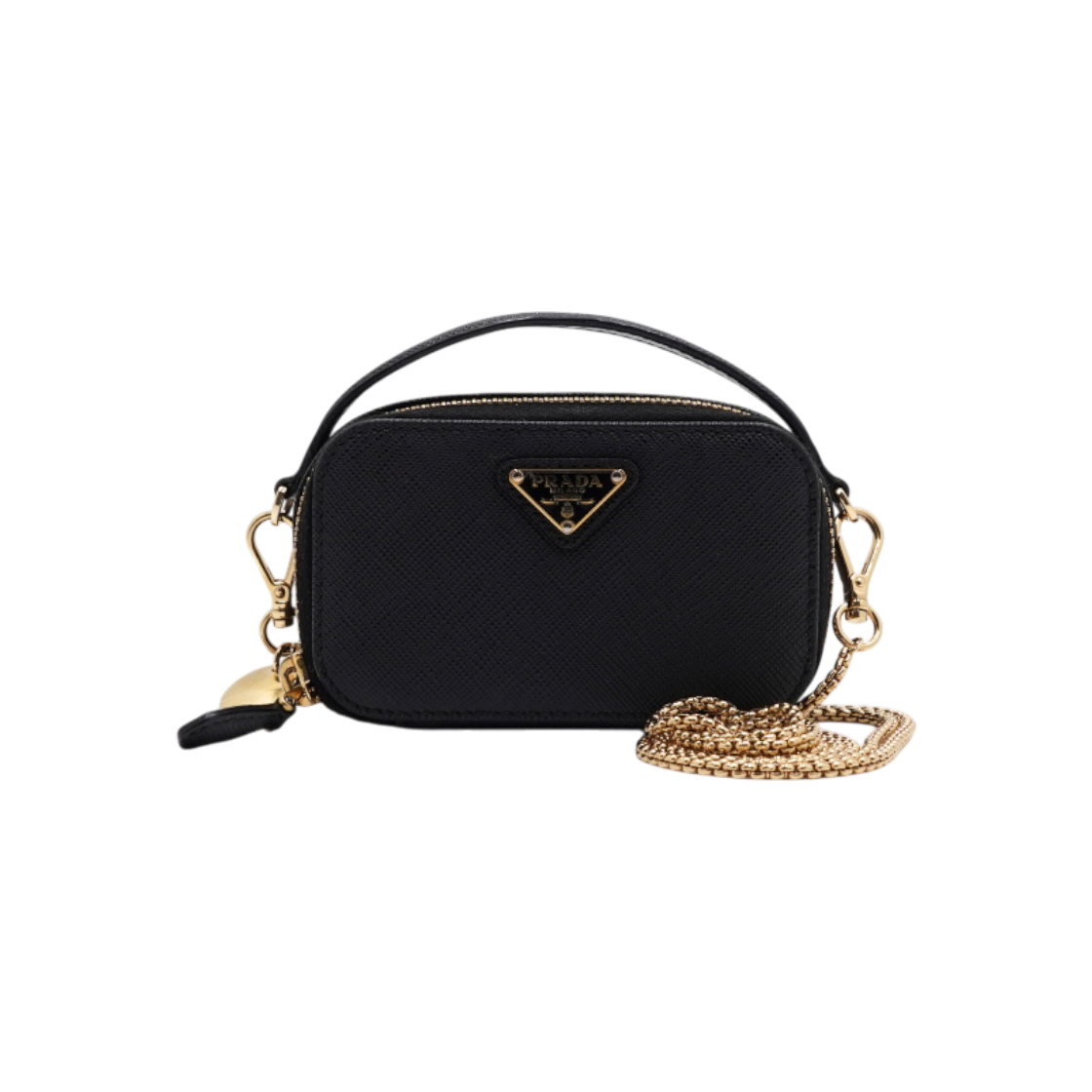 IT7EU6SWOSKO Prada Saffiano Triangle Logo Mini Pouch Tote Bag Gold Chain Shoulder Strap
