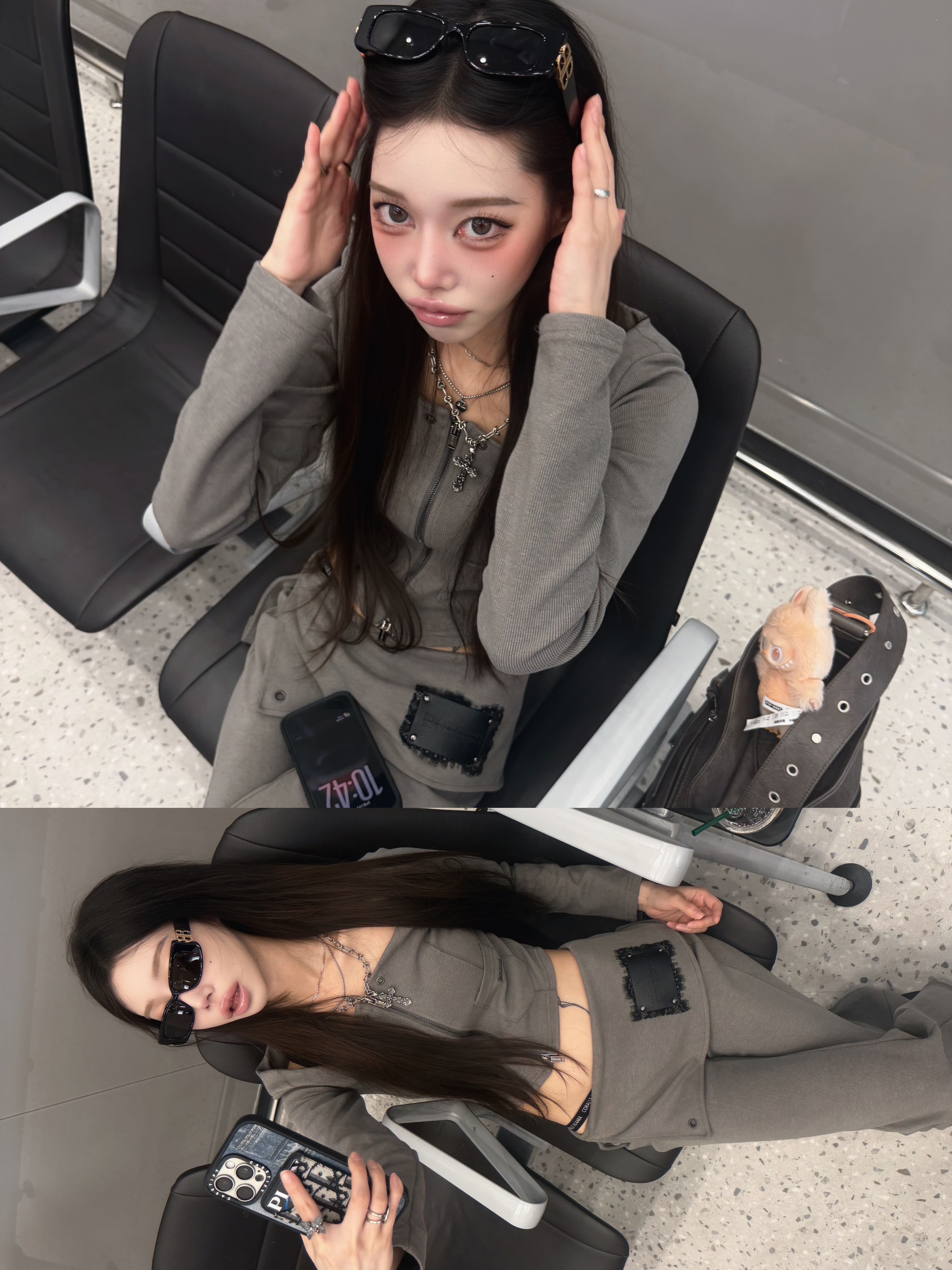 (W) Balenciaga Dynasty Rectangle Sunglasses Black 착용 스타일 - 1