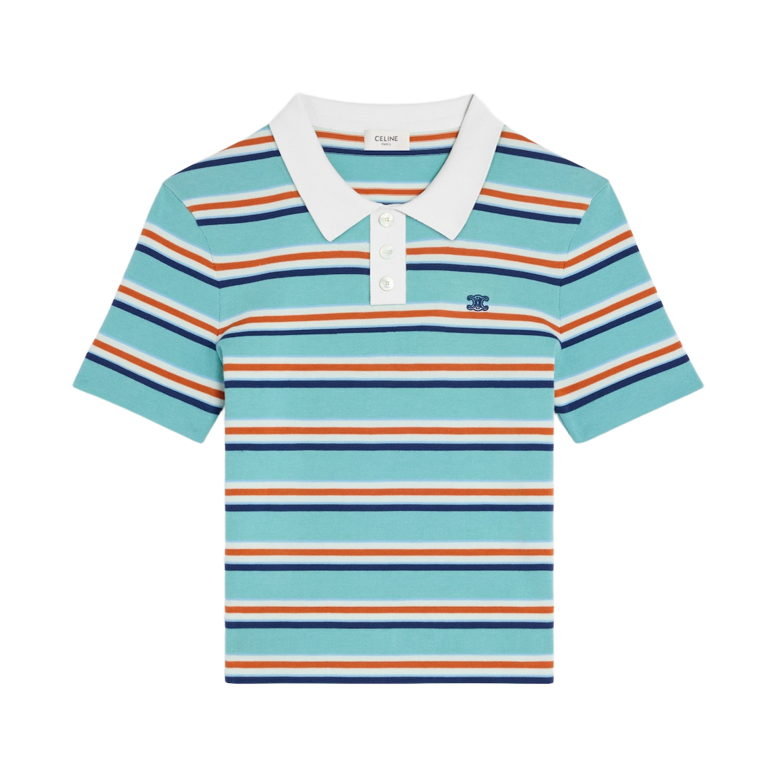 RY0UL3B21-GFY6 (W) Celine Polo Sweater in Striped Cotton Blue Sky Cream