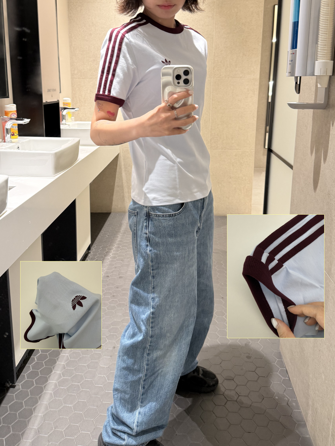 (W) Adidas 3 Stripes Slim T-Shirt Crystal Sky Maroon - KR Sizing, (W) Adidas 3 Stripes Slim T-Shirt Crystal Sky Maroon - US Sizing 착용 스타일 - 5