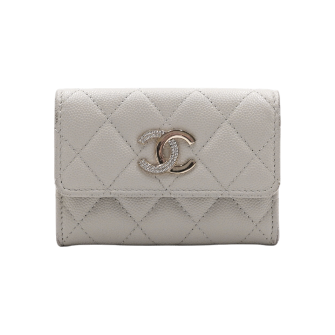 샤넬 라이트그레이 캐비어 금장 크리스탈CC 플랩 카드지갑(Chanel Light Gray Caviar Gold Crystal CC Flap Card Wallet)