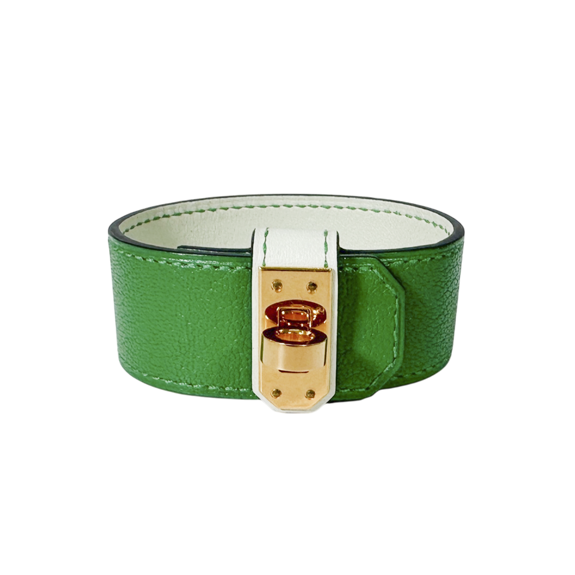 ITWE947VKRPH Hermes Kelly Twist Small Leather Bracelet Gold Green