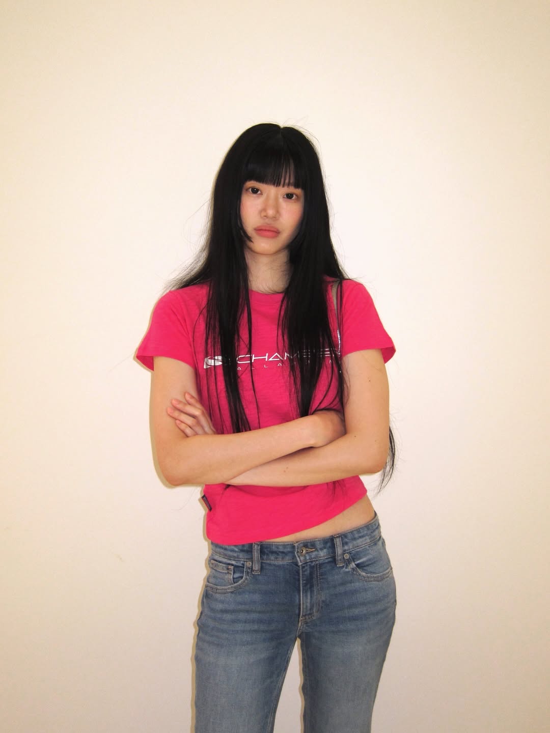 SPORT CHAMBER Women Long Flash Slub T-Shirt Pink 착용 스타일 - 2