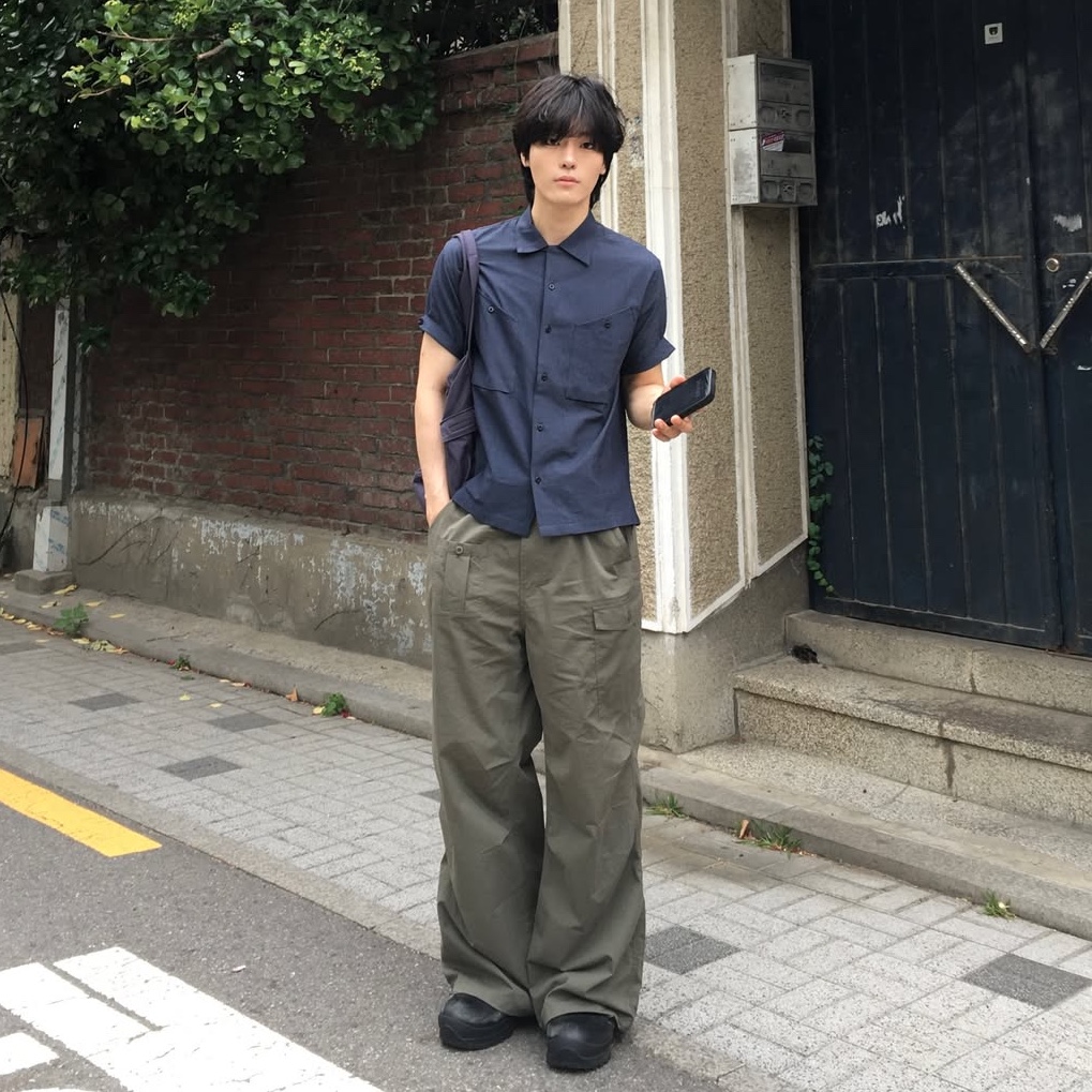 Millo Archive Texture Brushed Roll Up Half Shirt Smoke Blue, Millo Archive Module BDU Pants Khaki 착용 스타일 - 1