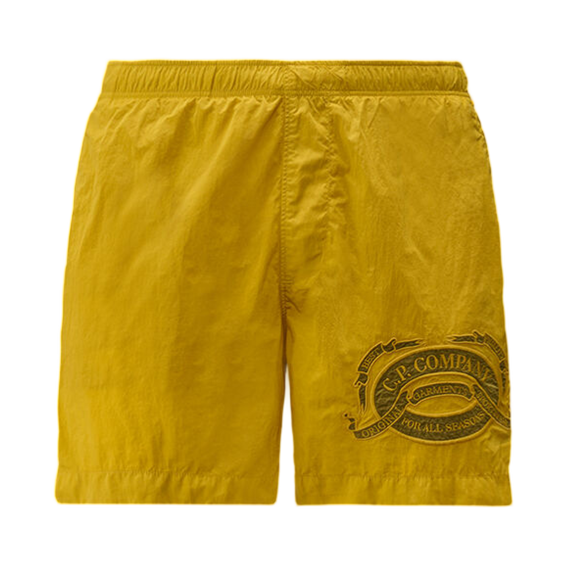 C.P. 컴퍼니 에코크롬 R 그래픽 자수 스윔 쇼츠 앤티크 모스 옐로우 - 25FW(C.P. Company Eco-Chrome R Graphic Embroidery Swim Shorts Antique Moss Yellow - 25FW)