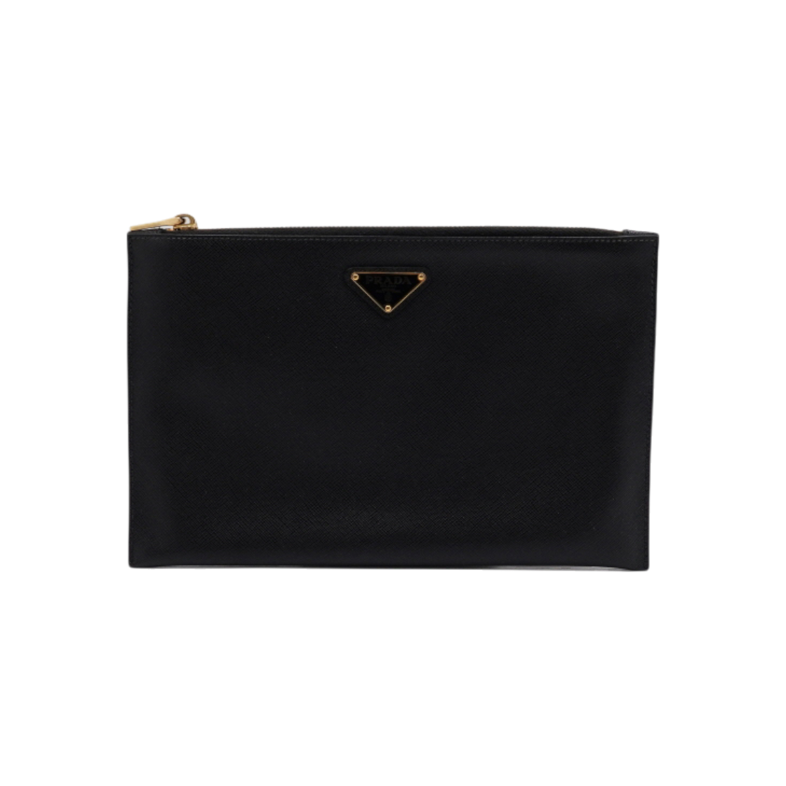 IT7BIBT5I96N Prada Black Saffiano Triangle Logo Gold Clutch Pouch
