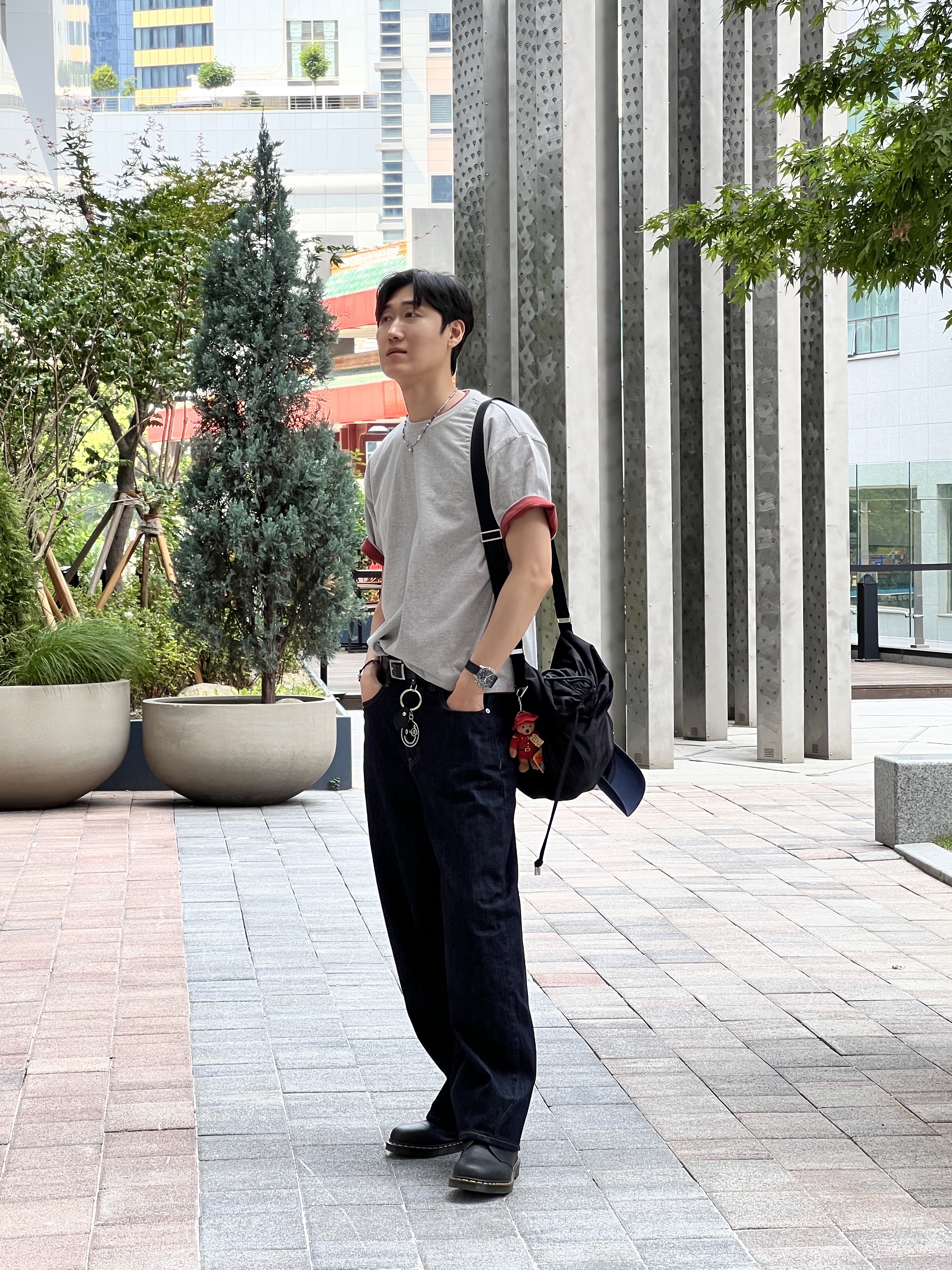noun Wide Curved Denim Pants One Washed, Dr. Martens 1461 Smooth Black 착용 스타일 - 2