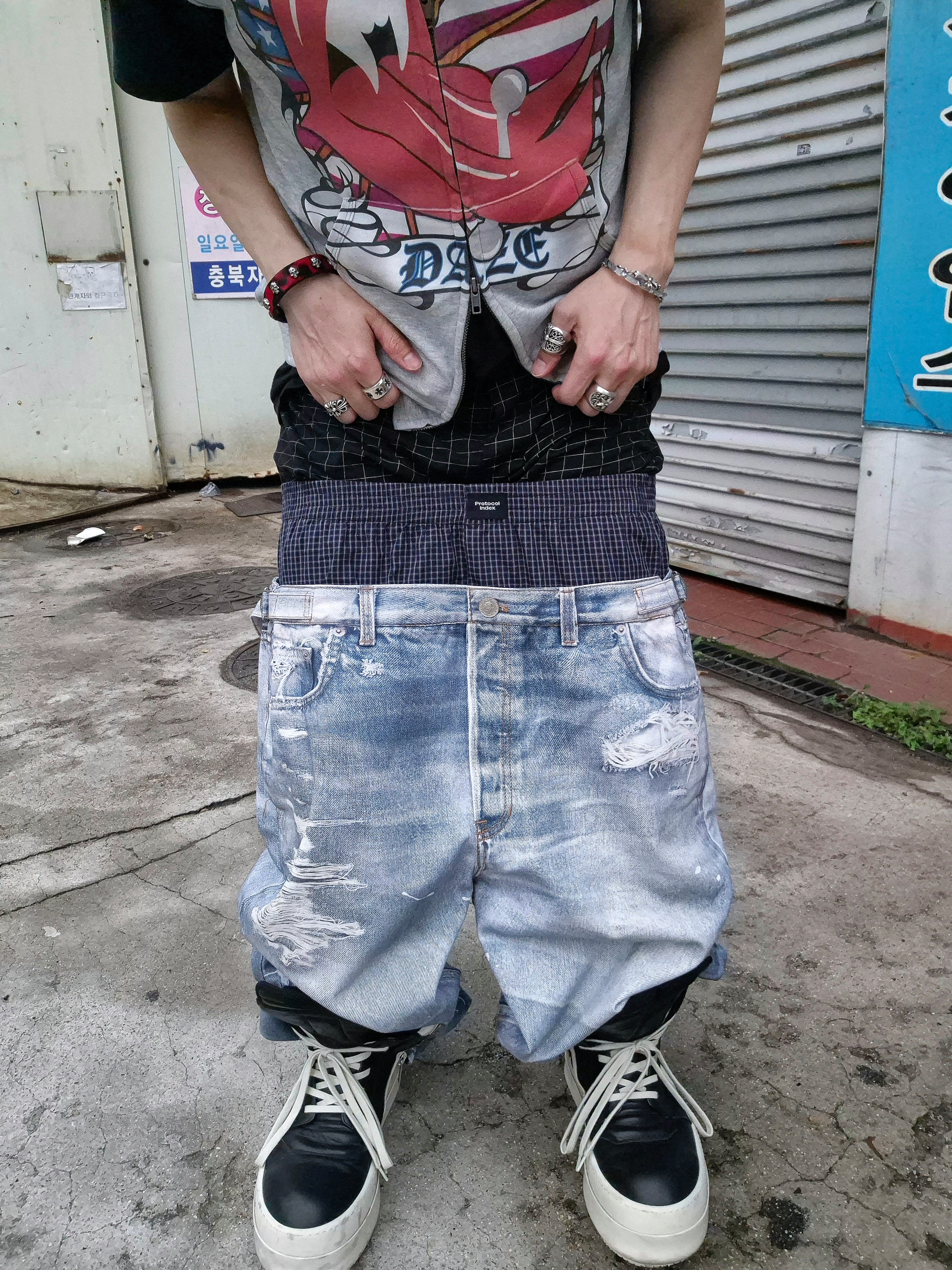 Protocol Index Trompe L'oeil Layered Pants Blue, Rick Owens Mega Bumper Geobasket Black Milk 착용 스타일 - 2