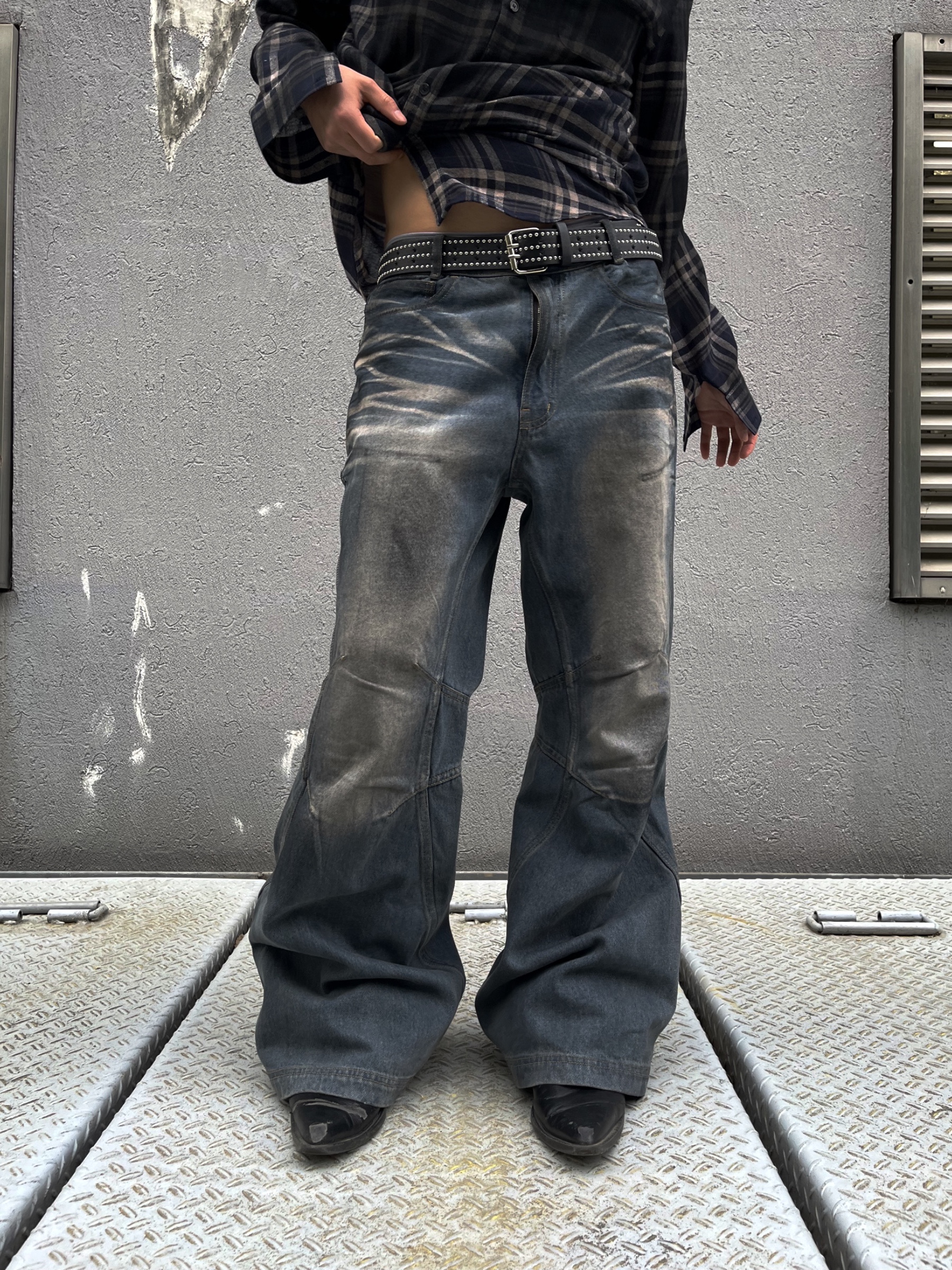 BLR Vintage Faded Check Shirt, BLR Double Yoke Oil Washed Bootcut Denim Pants 착용 스타일 - 3