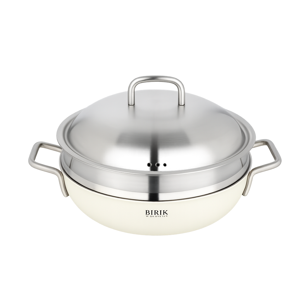 비알케이 노르딕 통5중 WOK 28cm 크림 화이트(스티머 포함)(BRK Nordic 5‑Ply Wok 28cm Cream White (with Steamer)) - 1