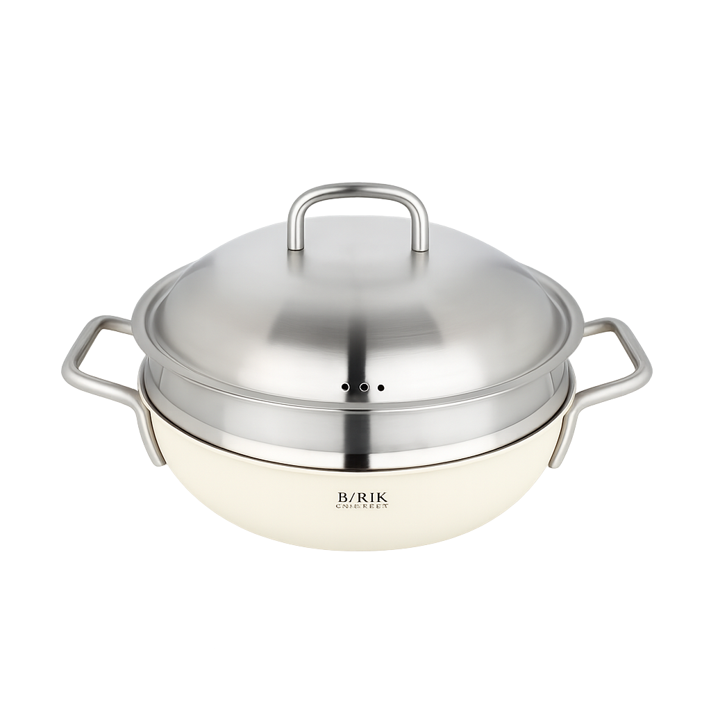 비알케이 노르딕 통5중 WOK 24cm 크림 화이트(스티머 포함)(BRK Nordic 5‑Ply Wok 24cm Cream White (with Steamer))