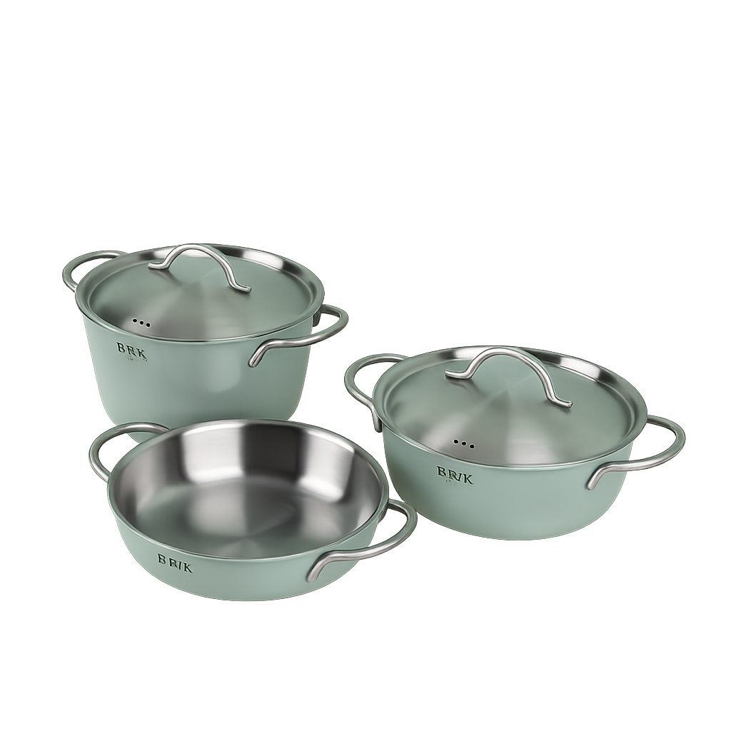 비알케이 노르딕 통5중 미니맥스 그린 3종(20전골,20L,20H)(BRK Nordic 5‑Ply Mini Max Green 3‑Piece Set (20cm Shallow Pot, 20cm Low Pot, 20cm High Pot))