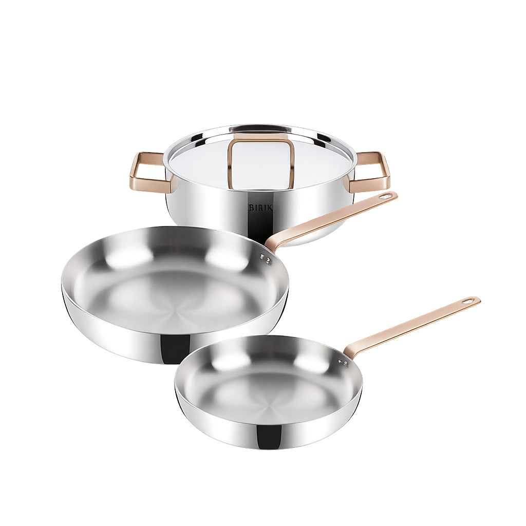 BRK040 BRK Rose Gold 5‑Ply Frypan & Pot 3‑Piece Set (20cm Frypan + 28cm Frypan + 24cm Shallow Pot)