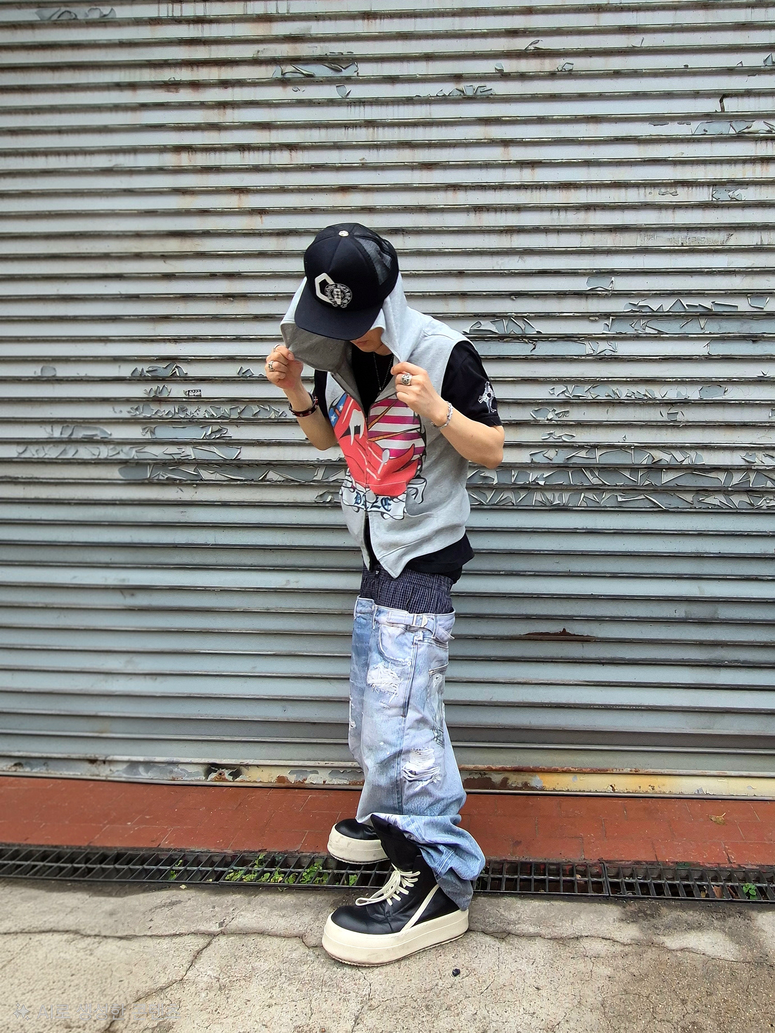 Protocol Index Trompe L'oeil Layered Pants Blue, Rick Owens Mega Bumper Geobasket Black Milk 착용 스타일 - 1